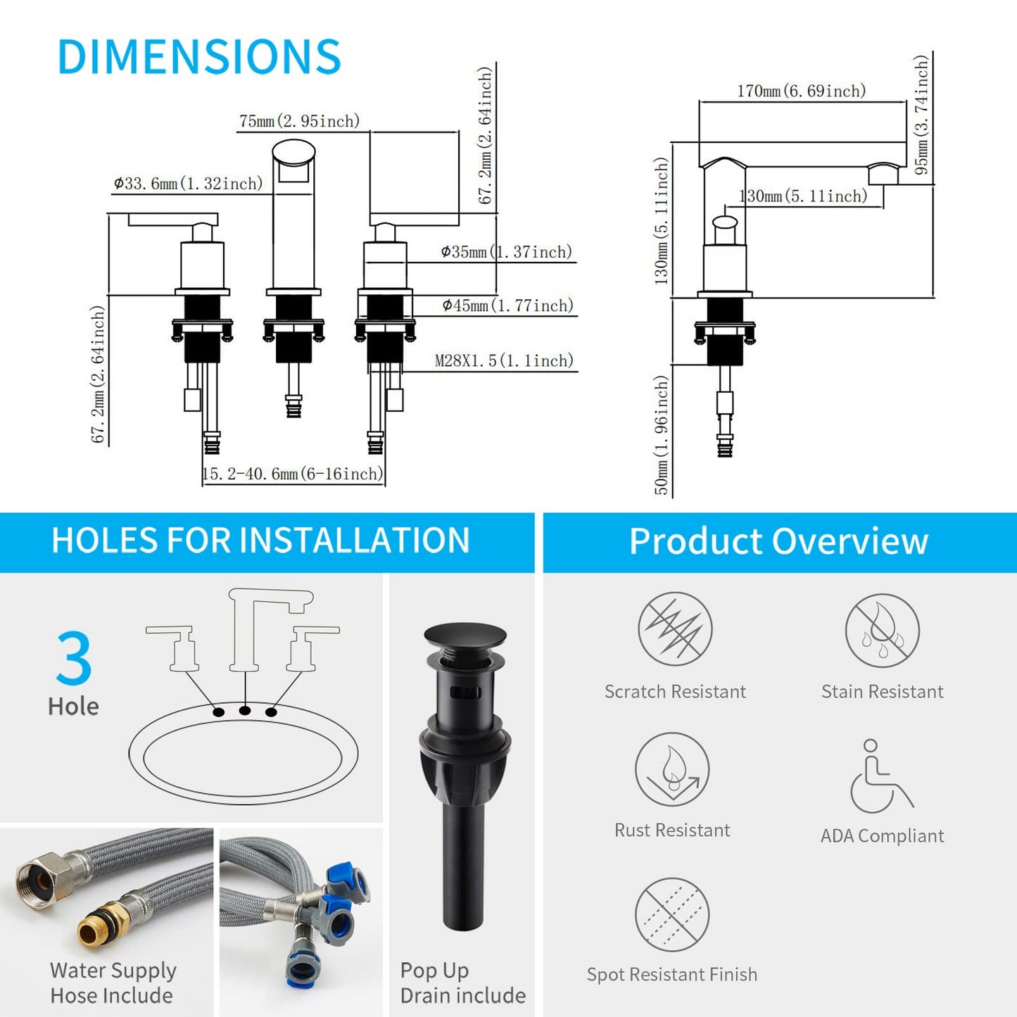 Modern Black Waterfall Bathroom Faucet with 2-Handles and Drain Assembly