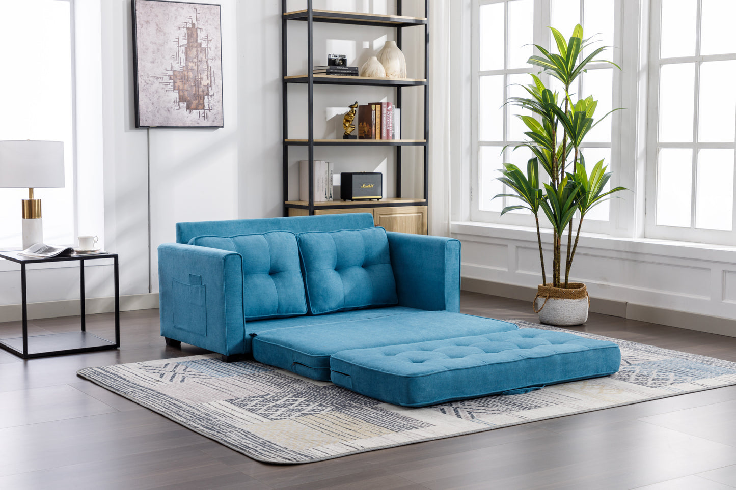 Modern Blue Loveseat Sofa with Pull-Out Bed and Storage Pockets