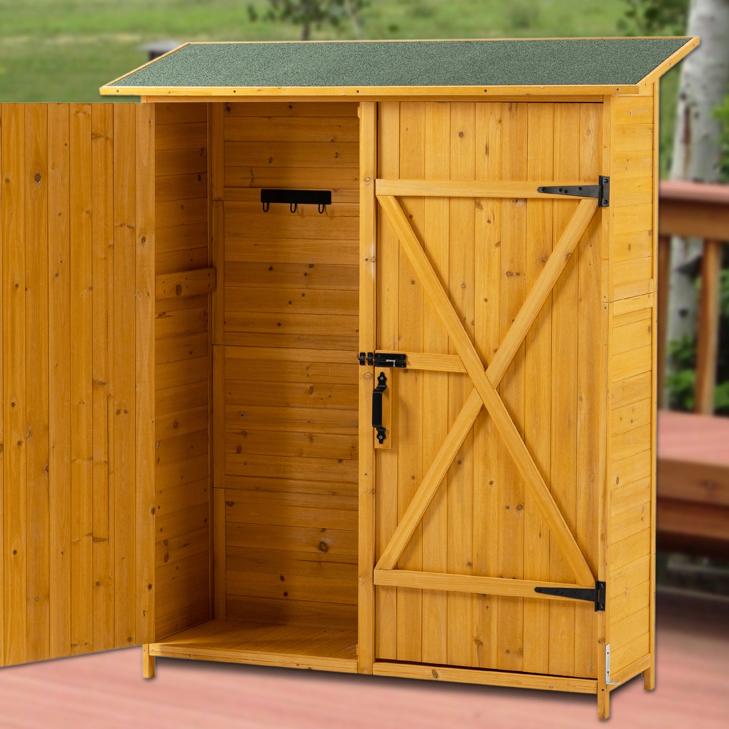 56"L x 19.5"W x 64"H Outdoor Storage Shed with Lockable Door, Wooden Tool Storage Shed w/Detachable Shelves & Pitch Roof, Natural