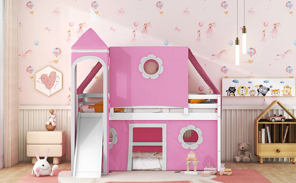 Pink Castle Loft Full Size Bunk Bed with Slide, Tent, and Tower - Enchanting Pink Castle Loft Bed with Slide, Tent, and Tower