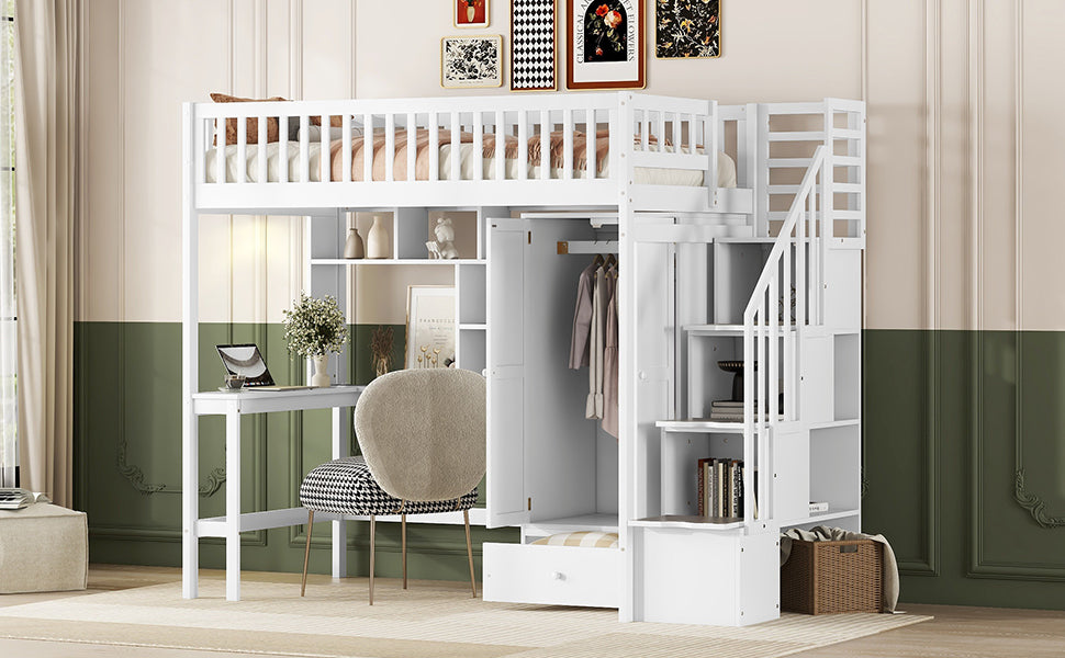 Twin size Loft Bed with Bookshelf,Drawers,Desk,and Wardrobe-White