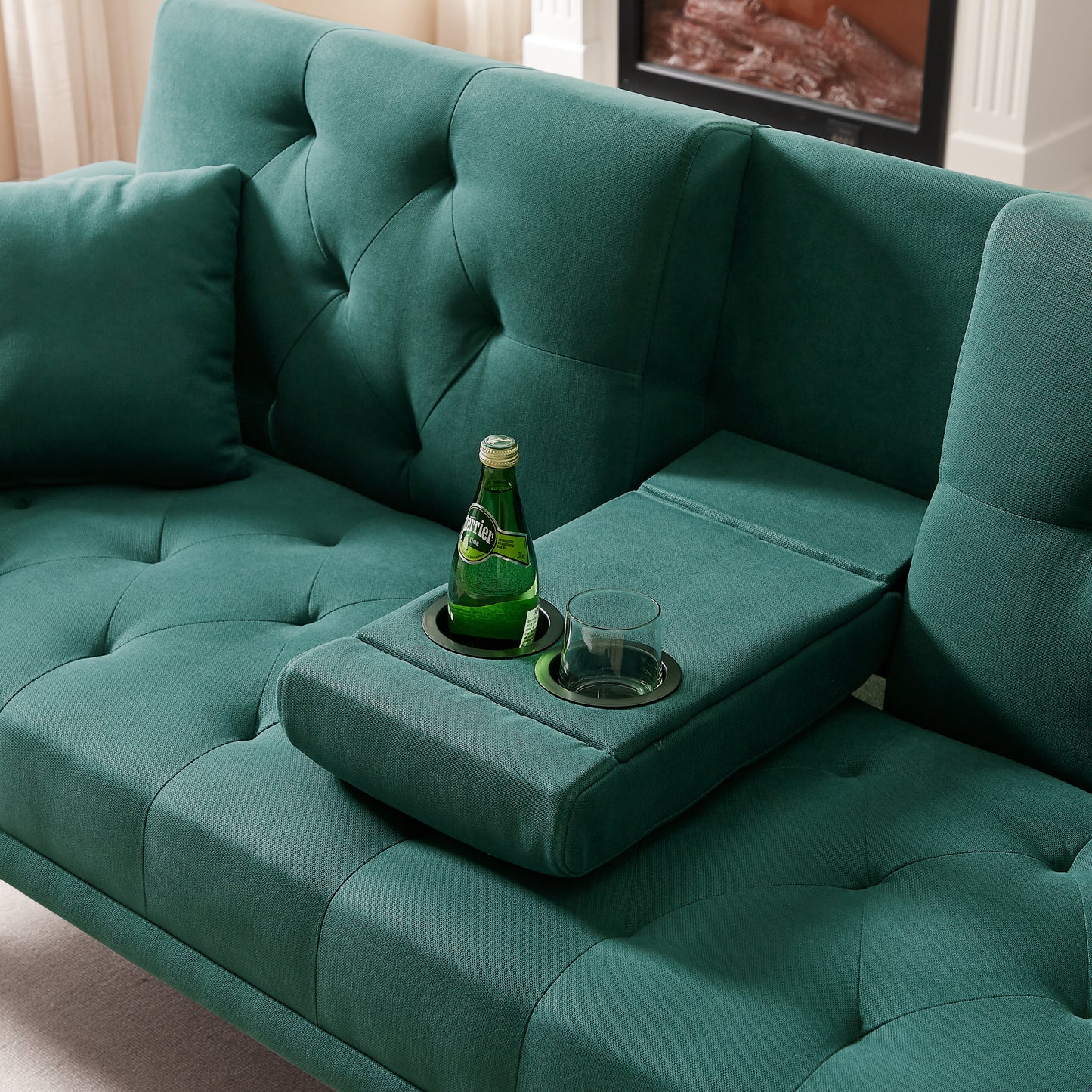 Square Arm Armrests, Dark Green Linen Convertible Sofa and Sofa Bed