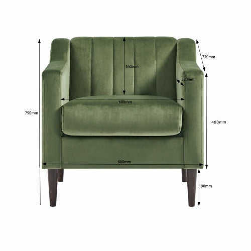 Modern Upholstered Tufted Accent Chair, Velvet Fabric Single Sofa Side Chair, Comfy Barrel Club Living Room Armchair with Solid Wood Legs for Bedroom Living Reading Room Office, Green