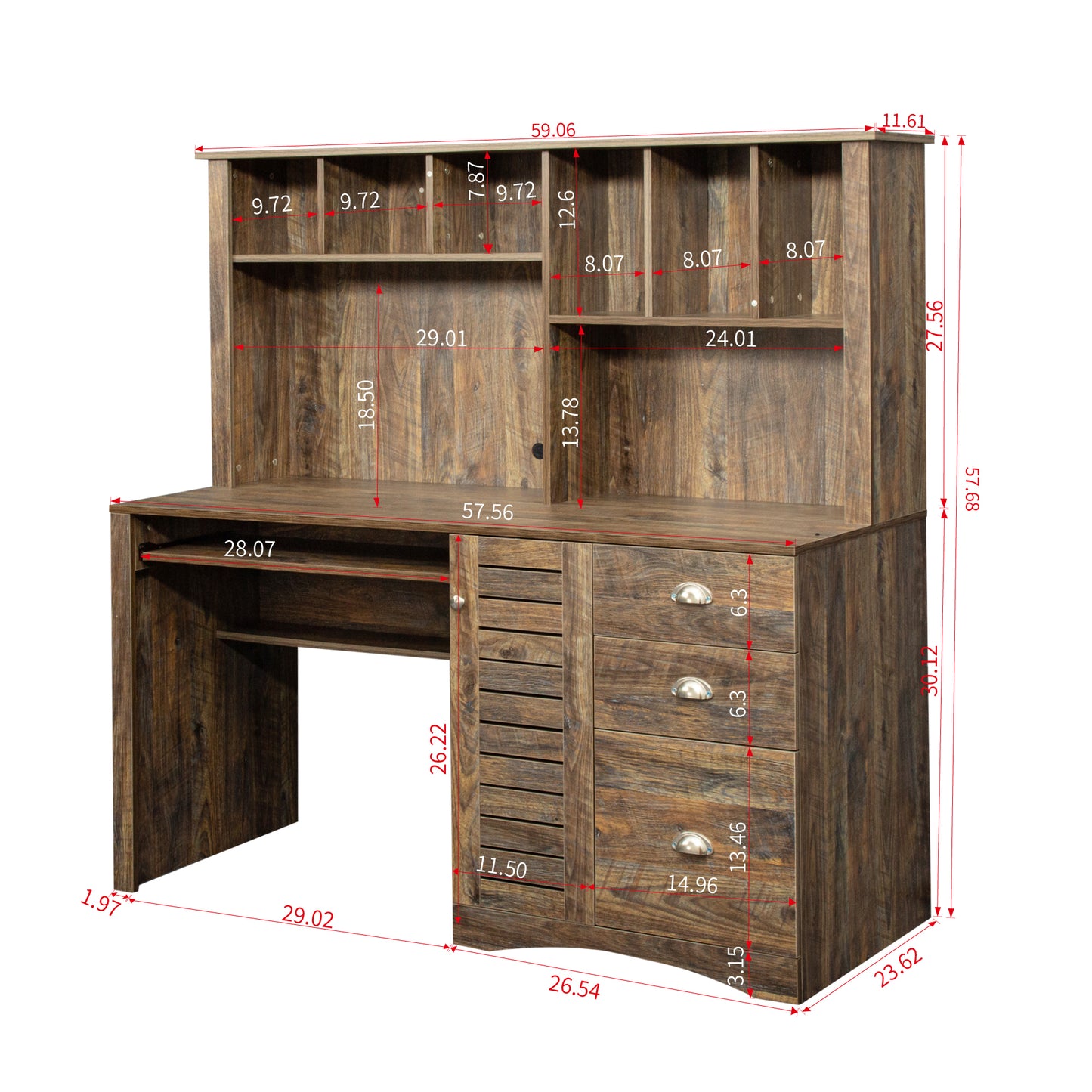 Brown Home Office Desk with Storage Drawers, Cable Management, and Hutch