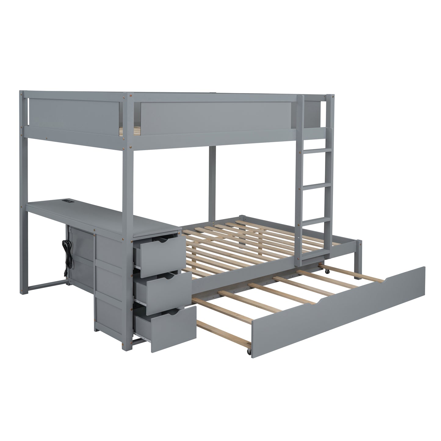 Full-Over-Full Bunk Bed with Twin Trundle, Storage, Desk, and USB Outlets, Gray - Ultimate Space-Saving Solution for Bedroom