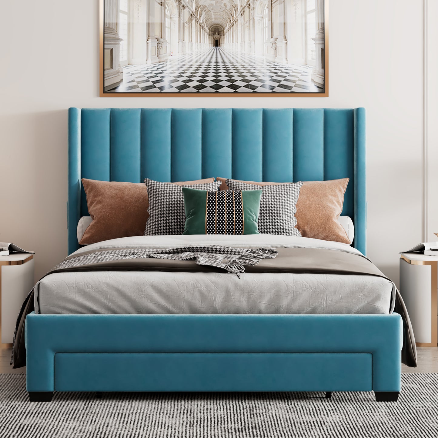 Queen Size Storage Bed Velvet Upholstered Platform Bed with a Big Drawer - Blue