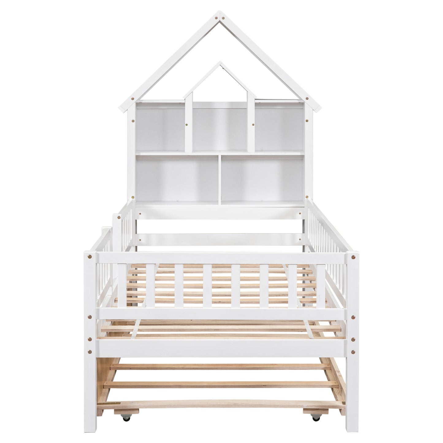 Twin Size House-Shaped Headboard with Fence Guardrails and Trundle,White