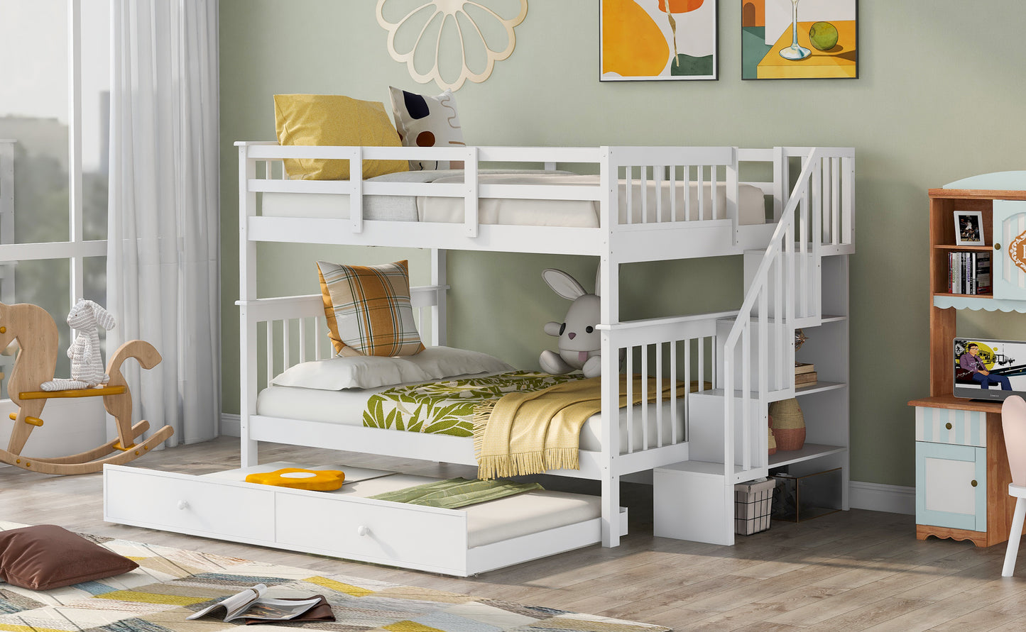 Stairway Full-Over-Full Bunk Bed with Twin Trundle, Storage and Guard Rail - White Oasis for Bedroom