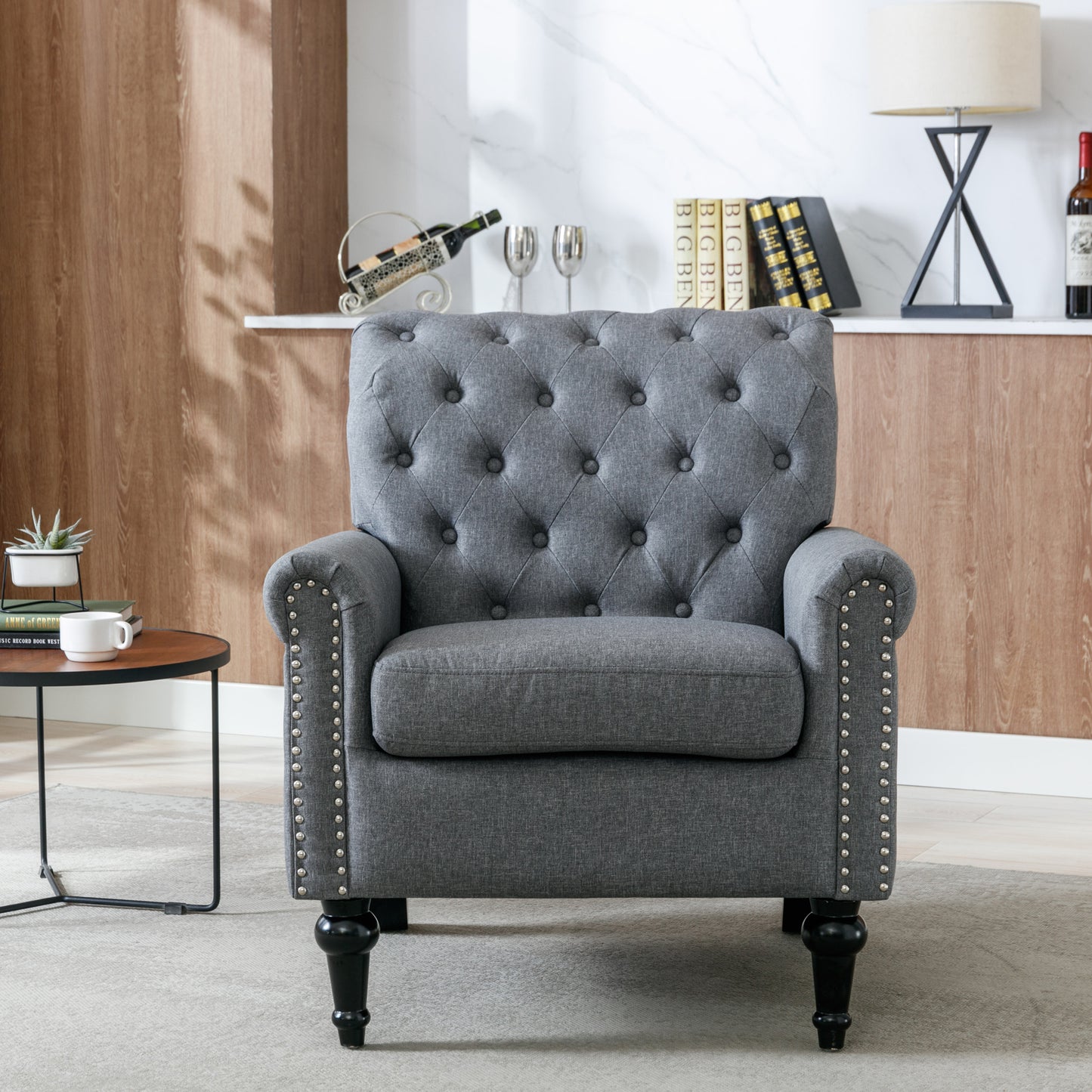 Accent Chairs for Bedroom, Midcentury Modern Accent Arm Chair for Living Room, Linen Fabric Comfy Reading Chair, Tufted Comfortable Sofa Chair, Upholstered Single Sofa, Dark Grey