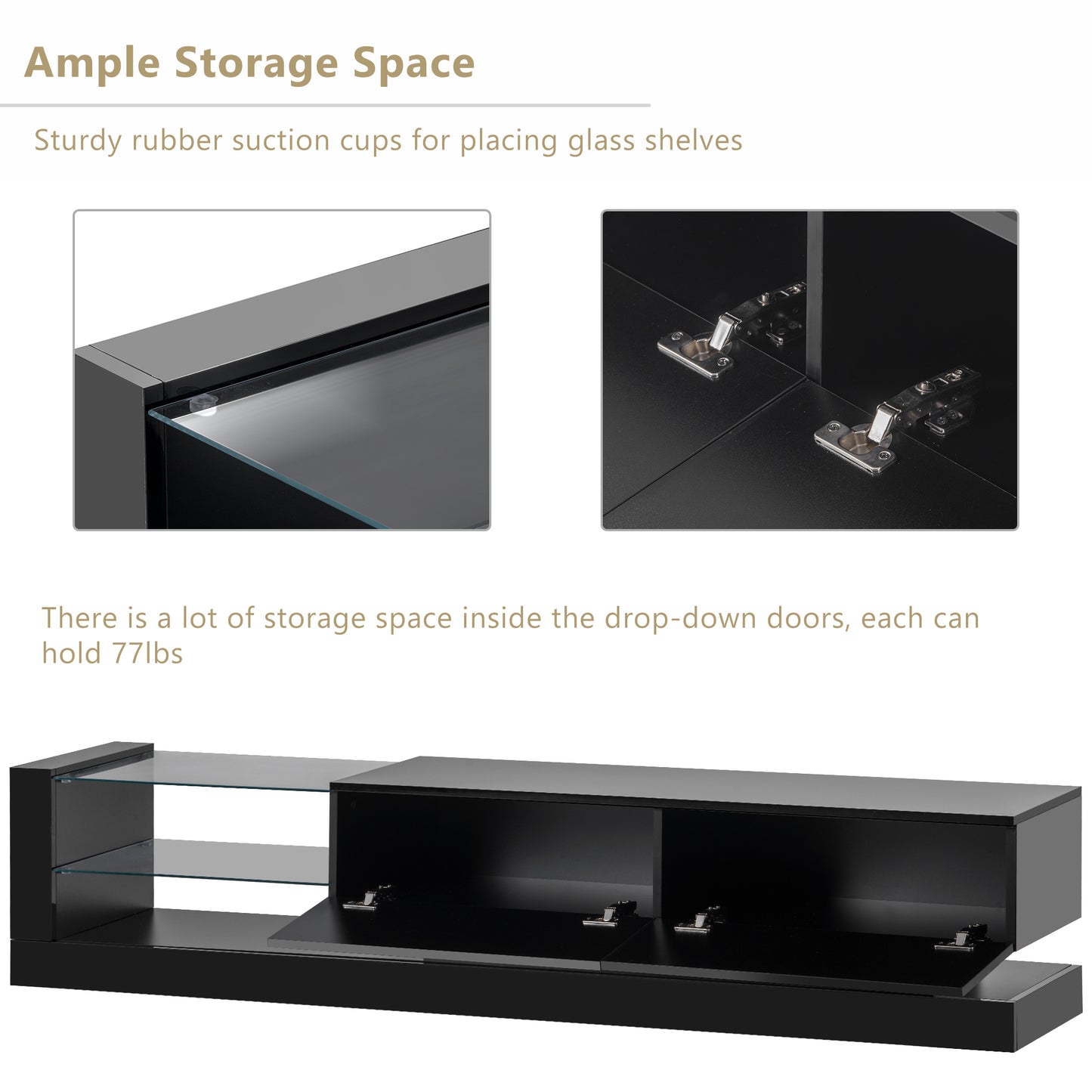 Sleek Black TV Stand with Multi-Colored RGB LED Lighting and Spacious Storage