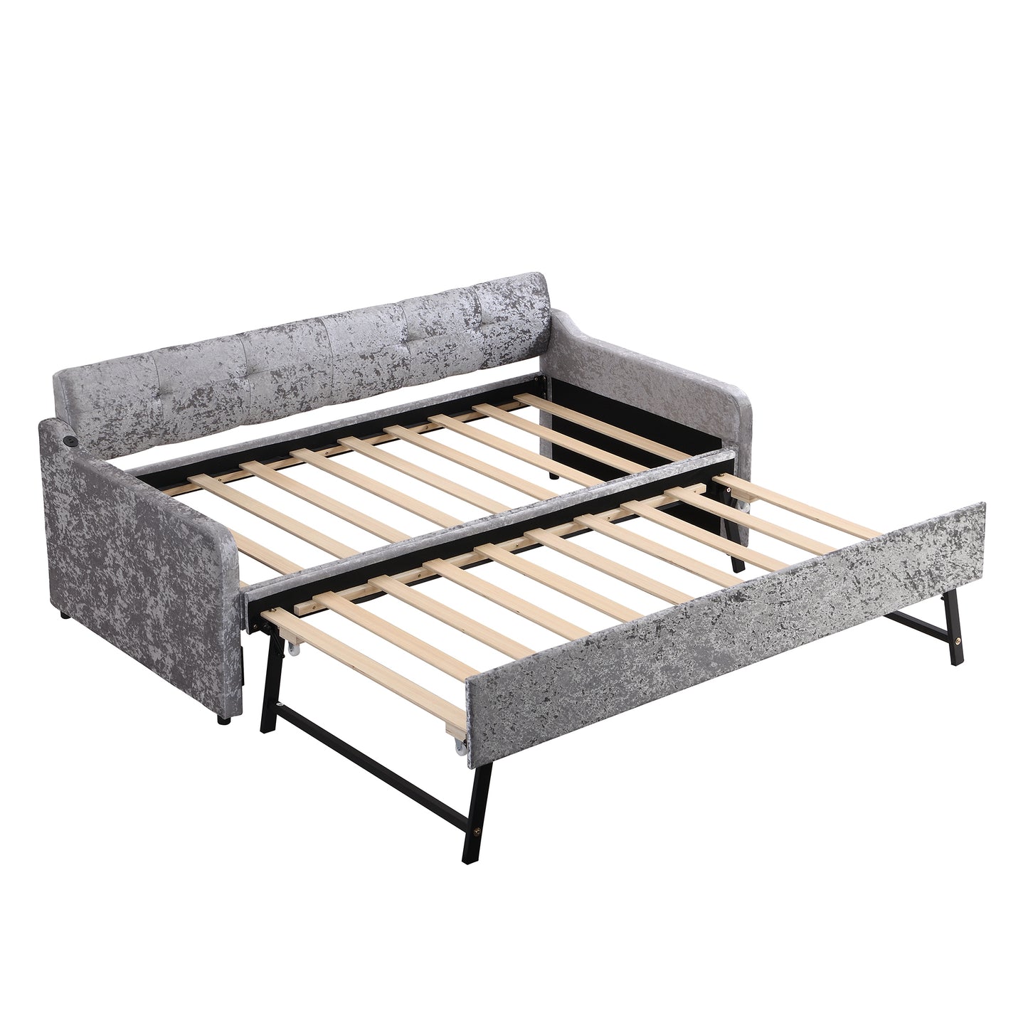 Twin Size Snowflake Velvet Daybed with Trundle and USB Charging Design,Gray