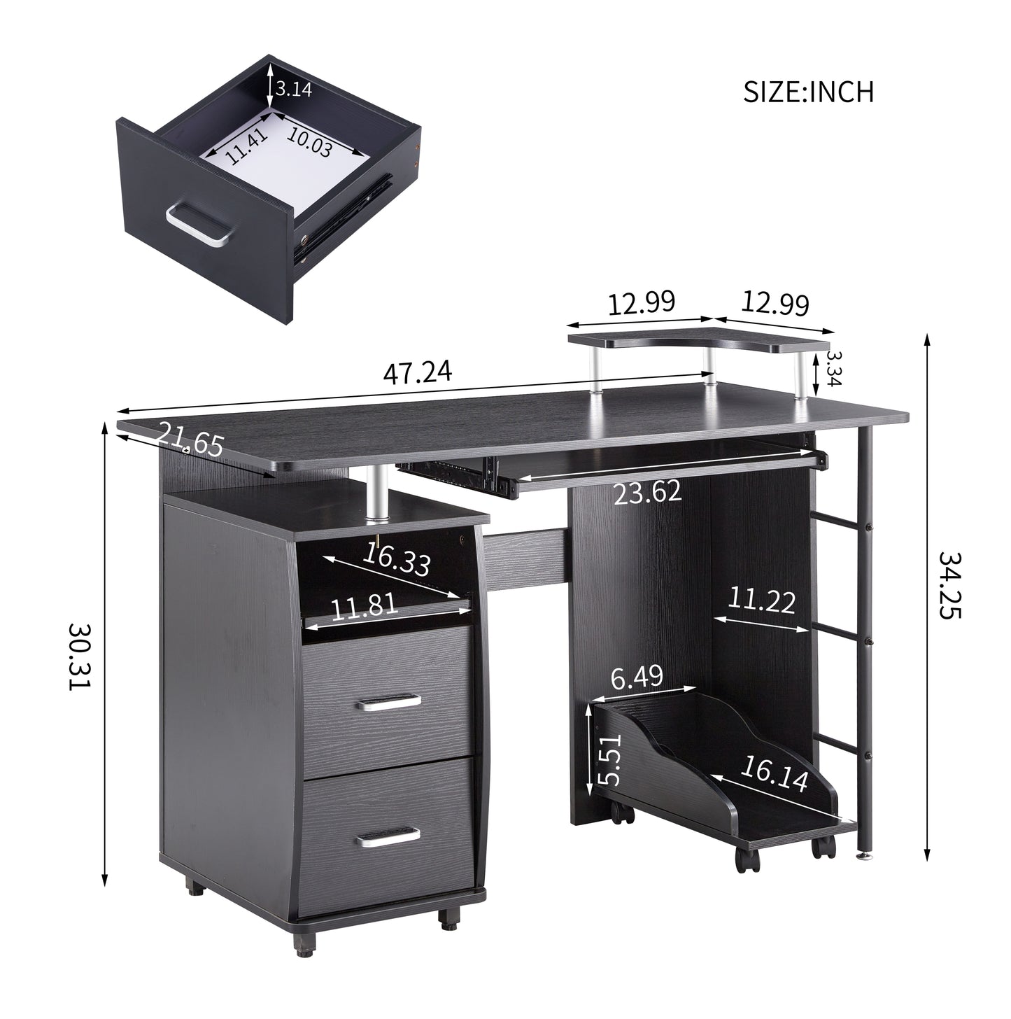 Sleek Black Solid Wood Computer Desk with Storage Shelves and Planting Shelf - 47.24''L x 21.65''W x 34.35''H