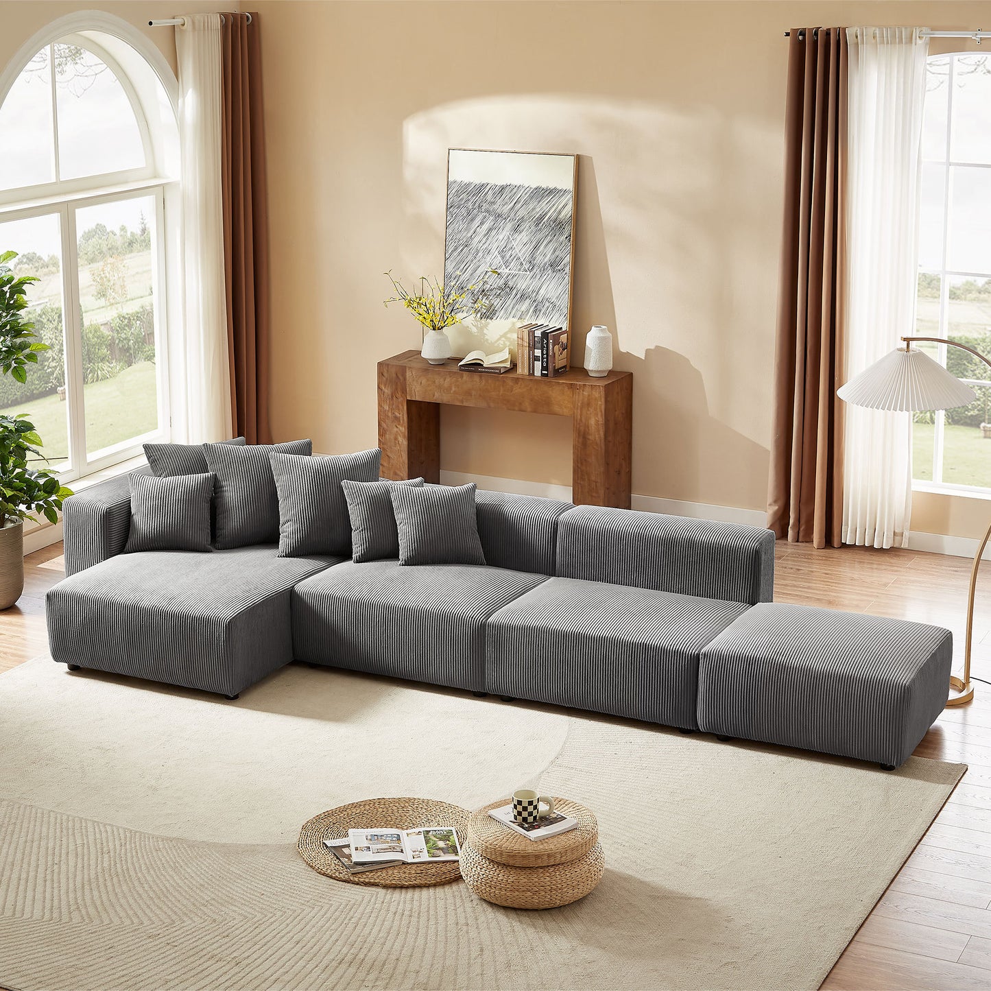 Soft Corduroy Sectional Modular Sofa 4 Piece Set, Small L-Shaped Chaise Couch for Living Room, Apartment, Office, Gray