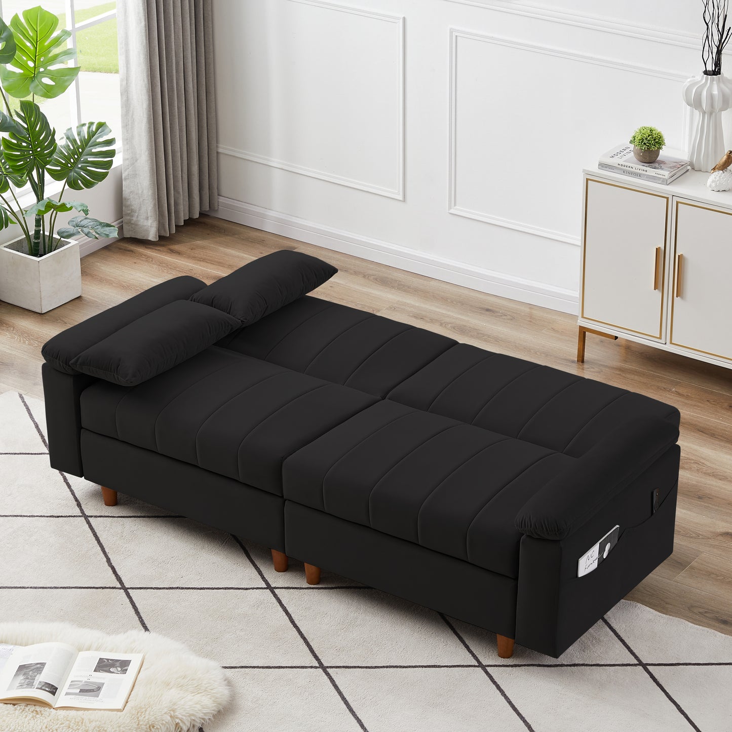 Convertible Comfortable Sleeper Velvet Sofa Couch with Storage for Living Room Bedroom Futon loveseat Sofabed  Black