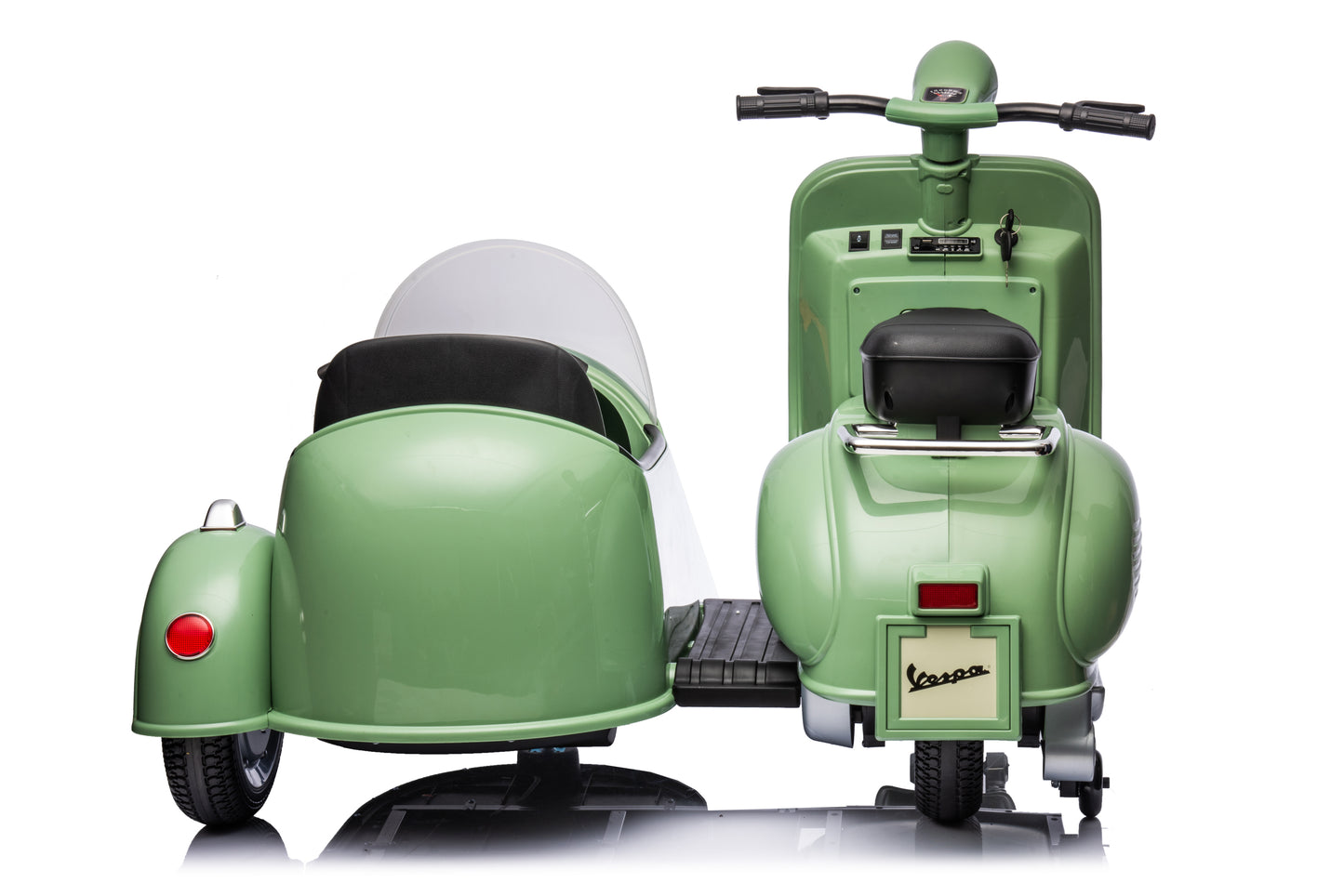 12V LICENSED Vespa Scooter Motorcycle with Side Car for kids, Green