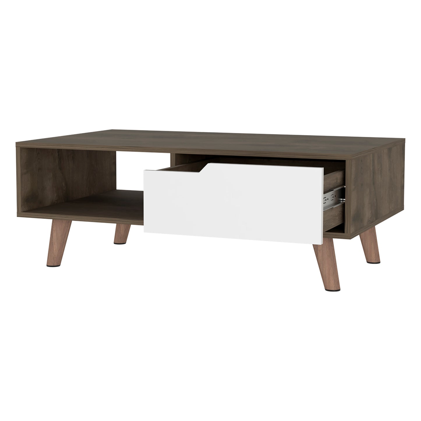 Elegant Dark Brown and White Coffee Table with Drawer and Shelf