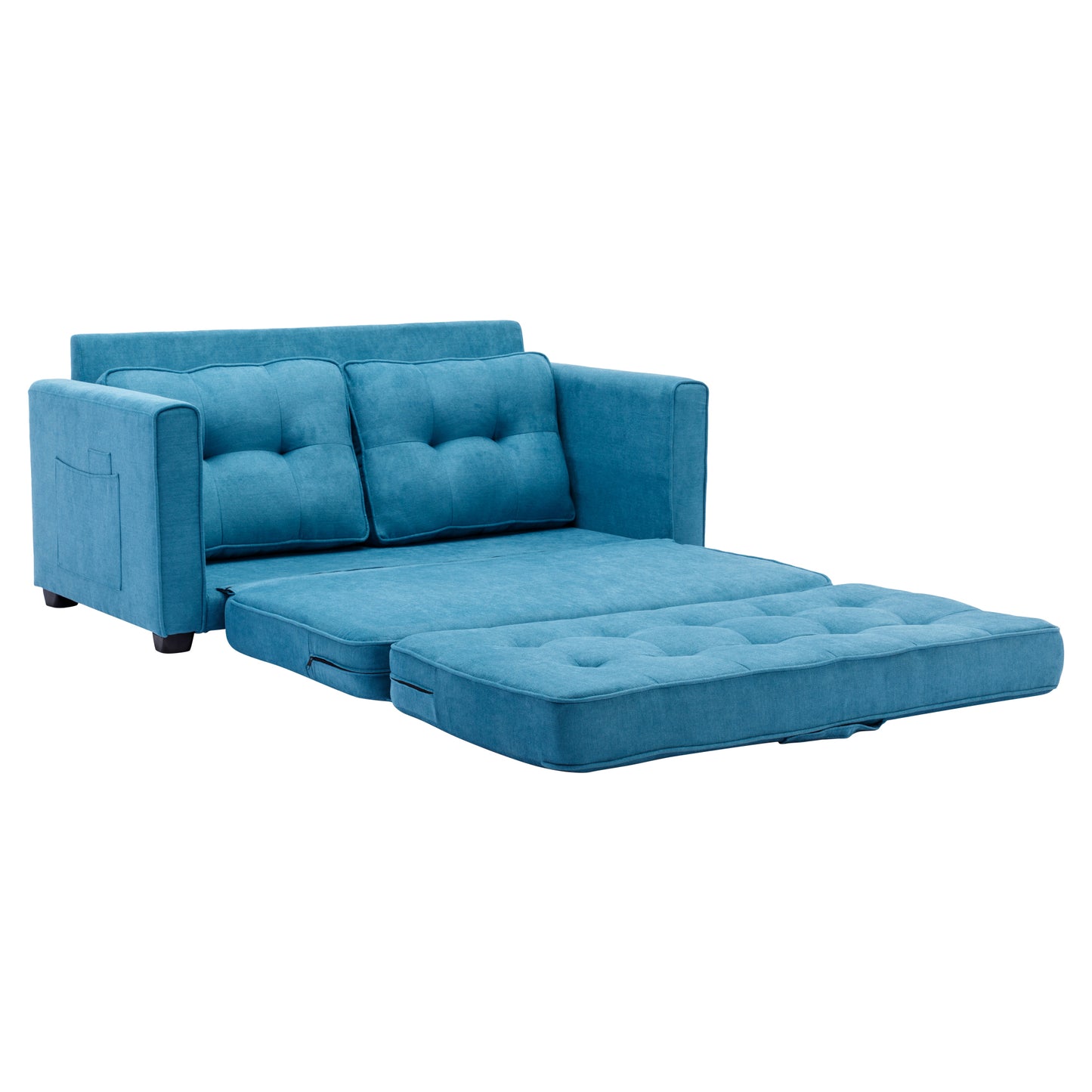 Modern Blue Loveseat Sofa with Pull-Out Bed and Storage Pockets