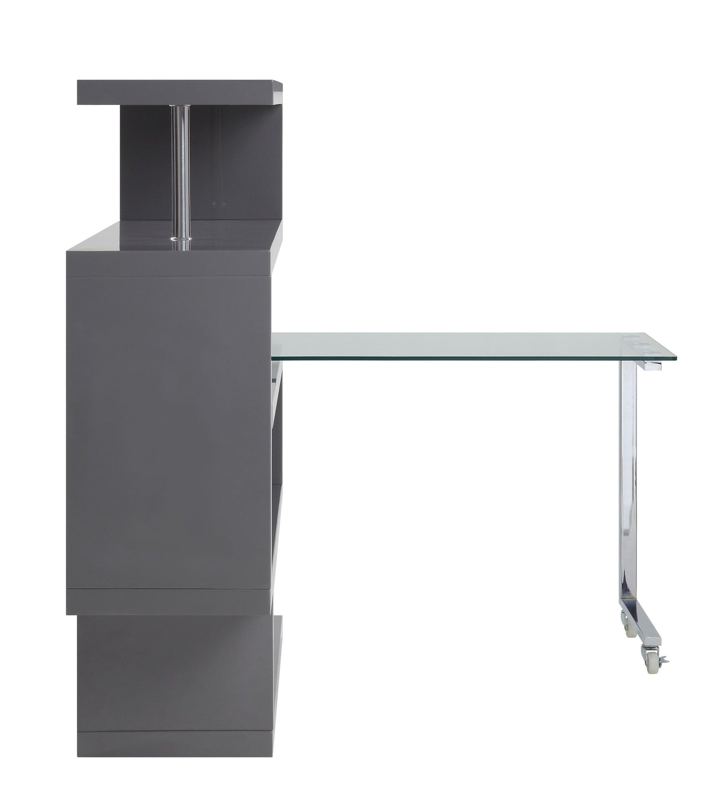 Versatile Glass Writing Desk with Swiveling Shelf and Gray Finish for Small Spaces