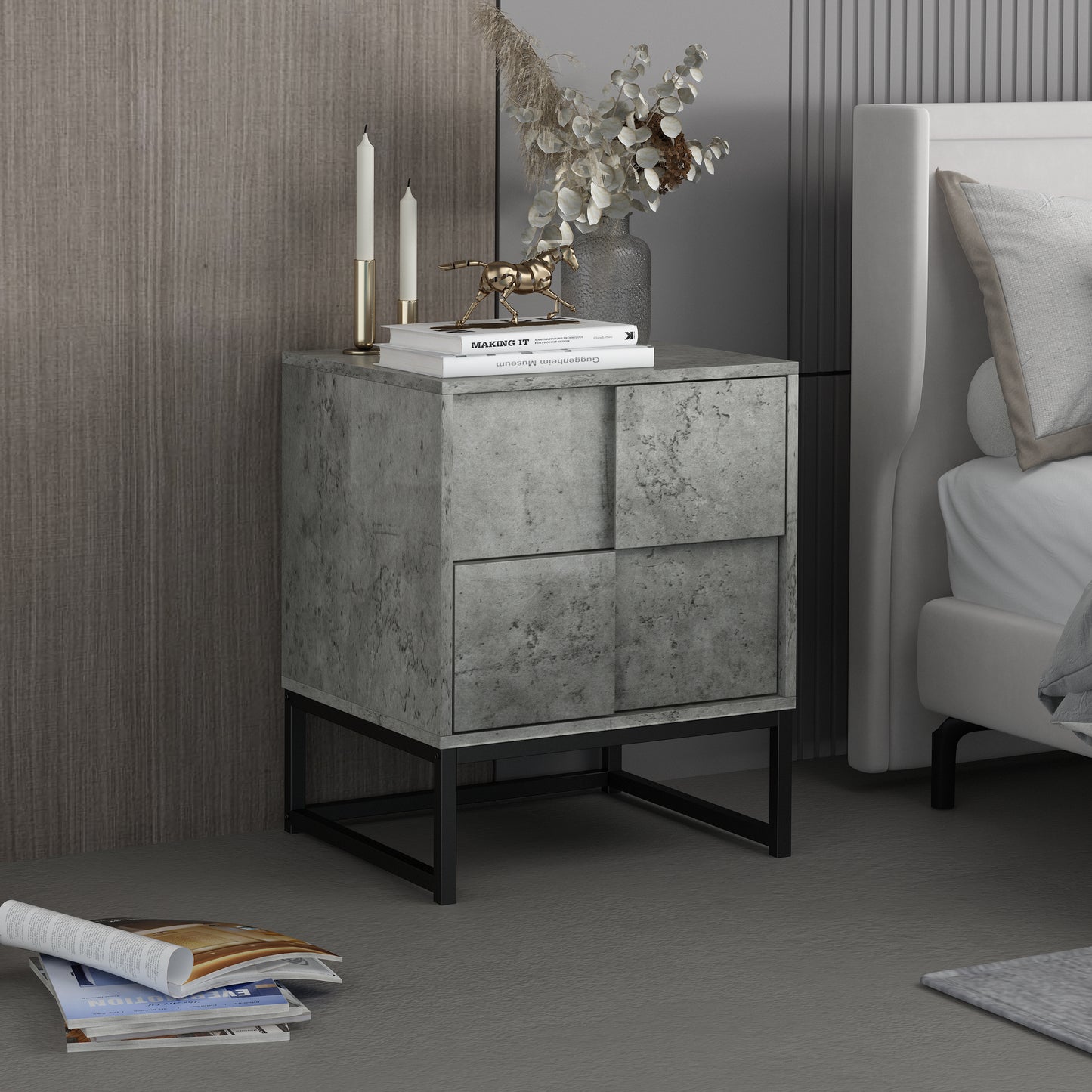 2 Drawer Nightstand,geometric elements,cement grey,for bedroom, living room and study