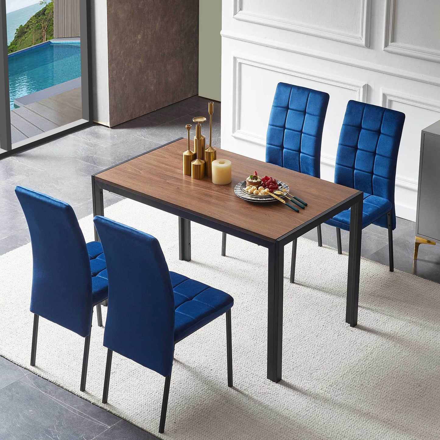 5-Piece Dining Set Including Blue Velvet High Back Nordic Dining Chair & Creative Design MDF Dining Table