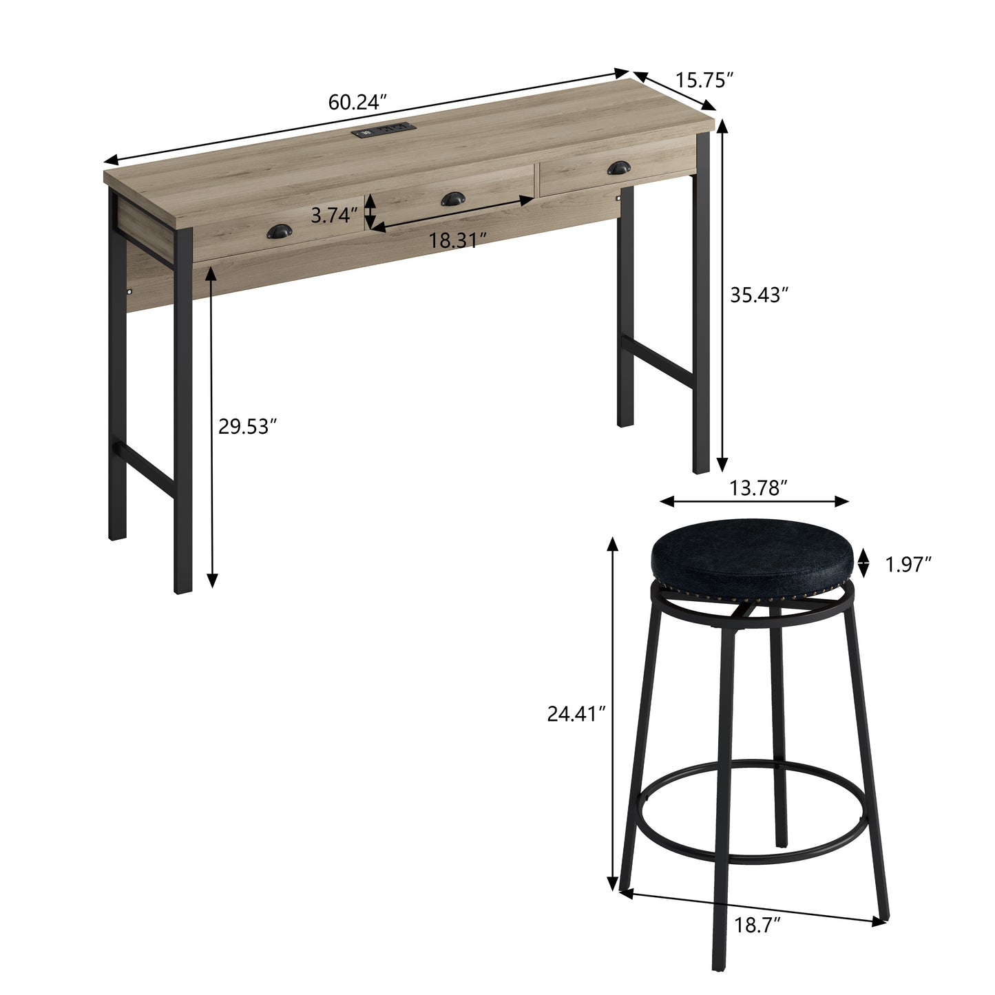 3-Drawer Long Dining Table Set with Power Outlets, Bar Kitchen Table Set with Circular PU Stools, Easy Assemble, Brown Gray Table+Black Stool