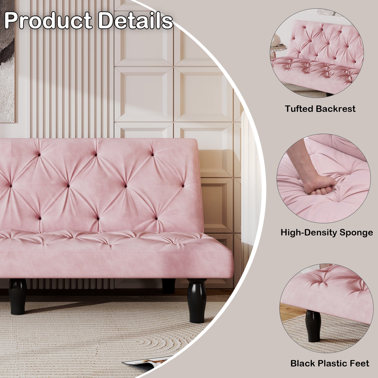 Convertible Pink Velvet Sofa Bed with Tufted Back and Adjustable Positions