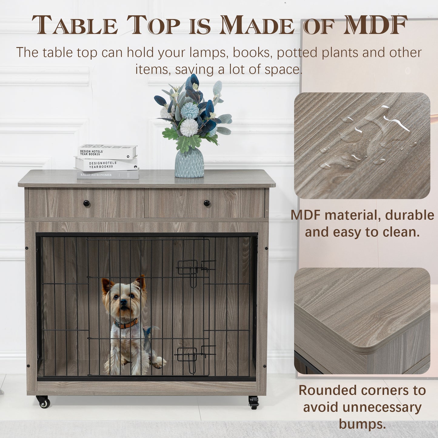 Dog Crate Furniture, Wooden Dog House, Decorative Dog Kennel with Drawer, Indoor Pet Crate End Table for Small Dog, Steel-Tube Dog Cage, Chew-Proof, Grey 31.7" L×23.2" W×33" H