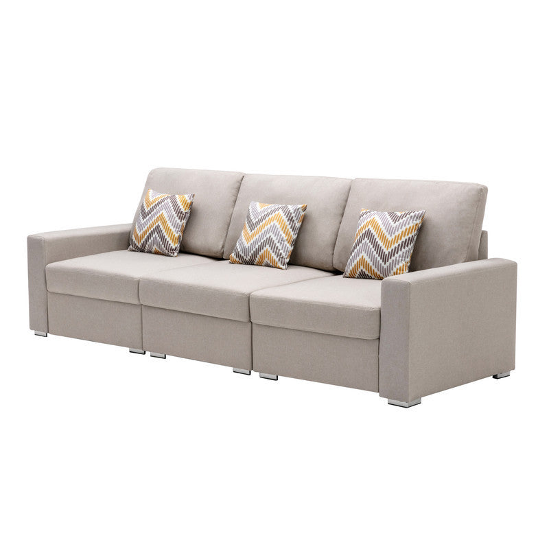 Nolan Beige Linen Fabric Sofa with Pillows and Interchangeable Legs