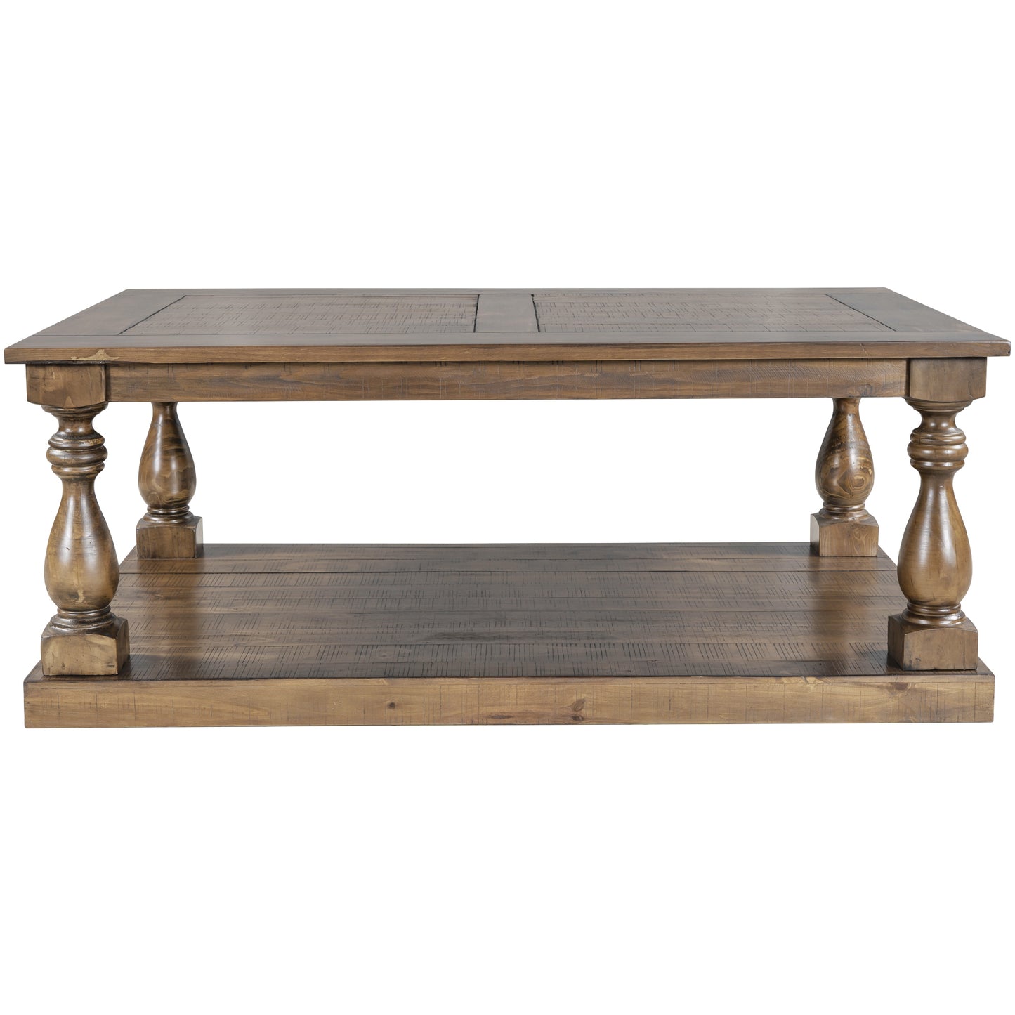 Rustic Pine Wood Coffee Table with Lower Storage Shelf and Carved Pillar Details