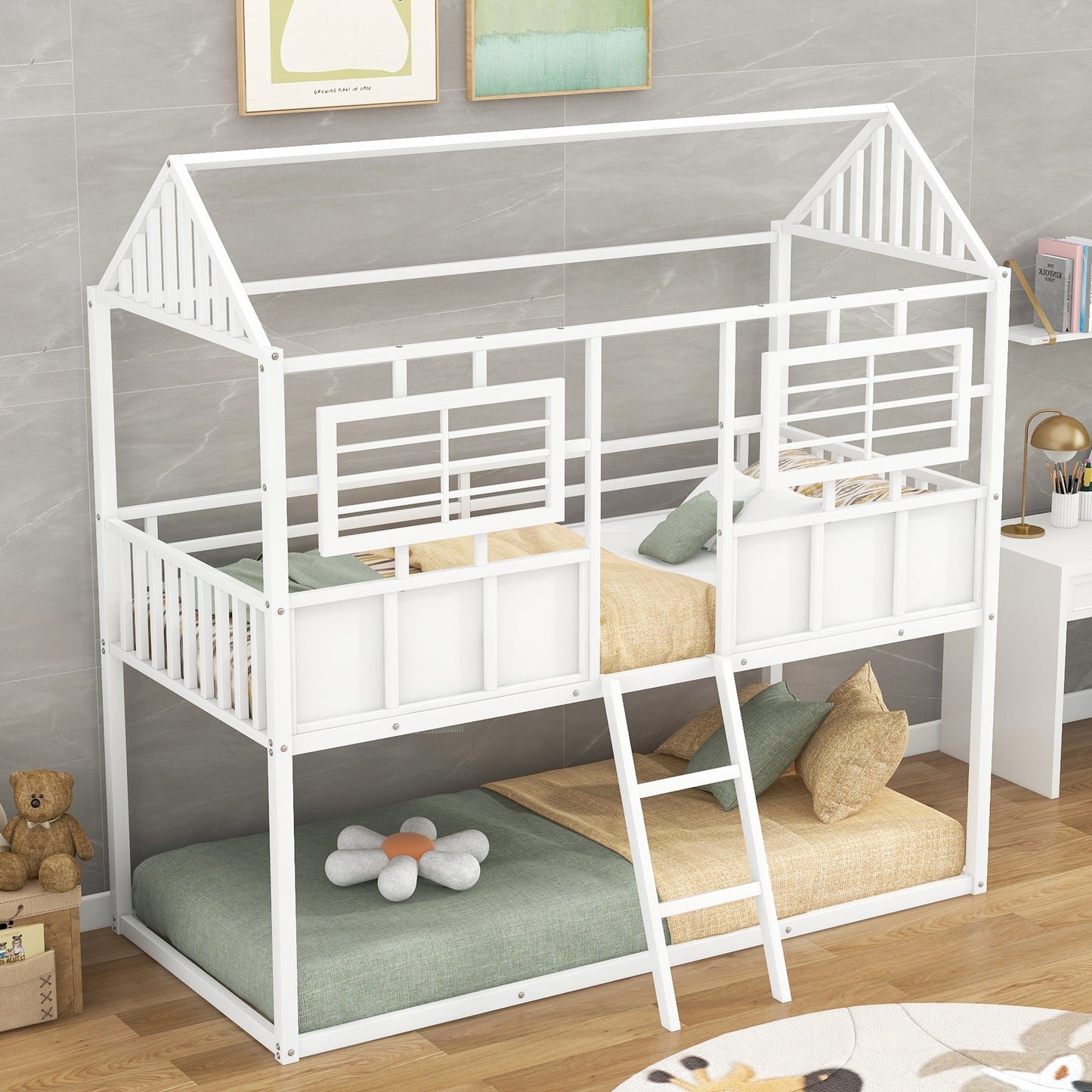 Rustic White Metal Twin Bunk Beds with Roof and Fence Guardrail