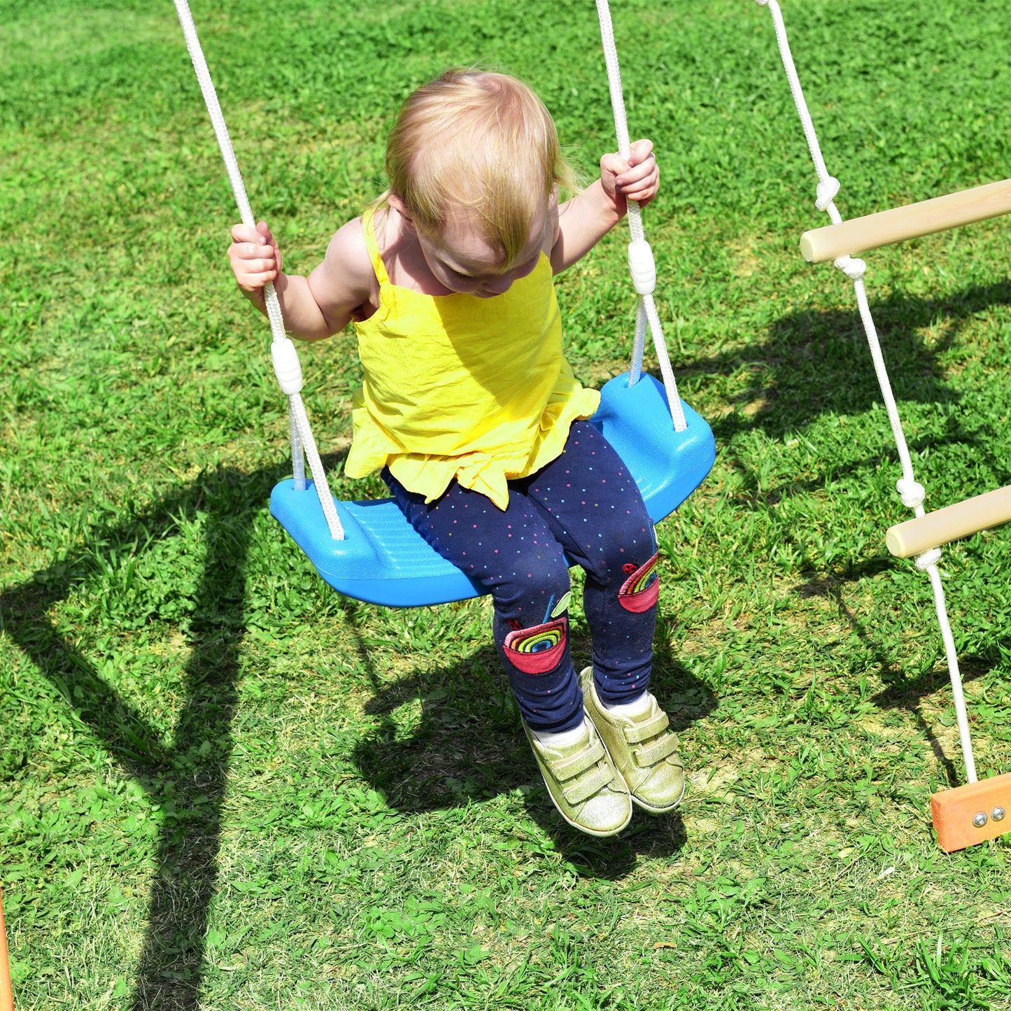 Wooden Outdoor Swing Set with Slide, Climbing Rope Ladder, and Swing for Kids