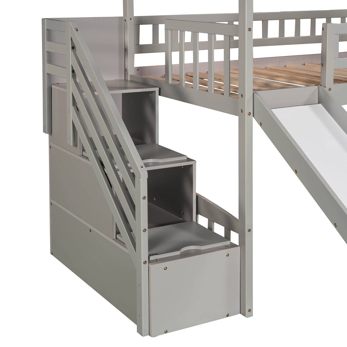 Twin Loft Bed with Two Drawers and Slide, House Bed with Slide, Gray