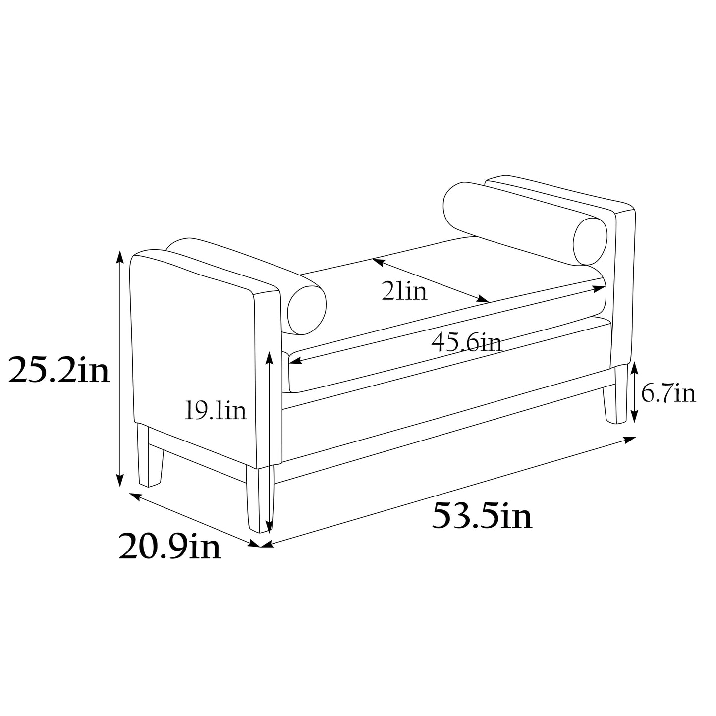 53.5"W Elegant Upholstered Bench, Ottoman with Wood Legs & Bolster Pillows for End of Bed, Bedroom, Living Room, Entryway, Ivory