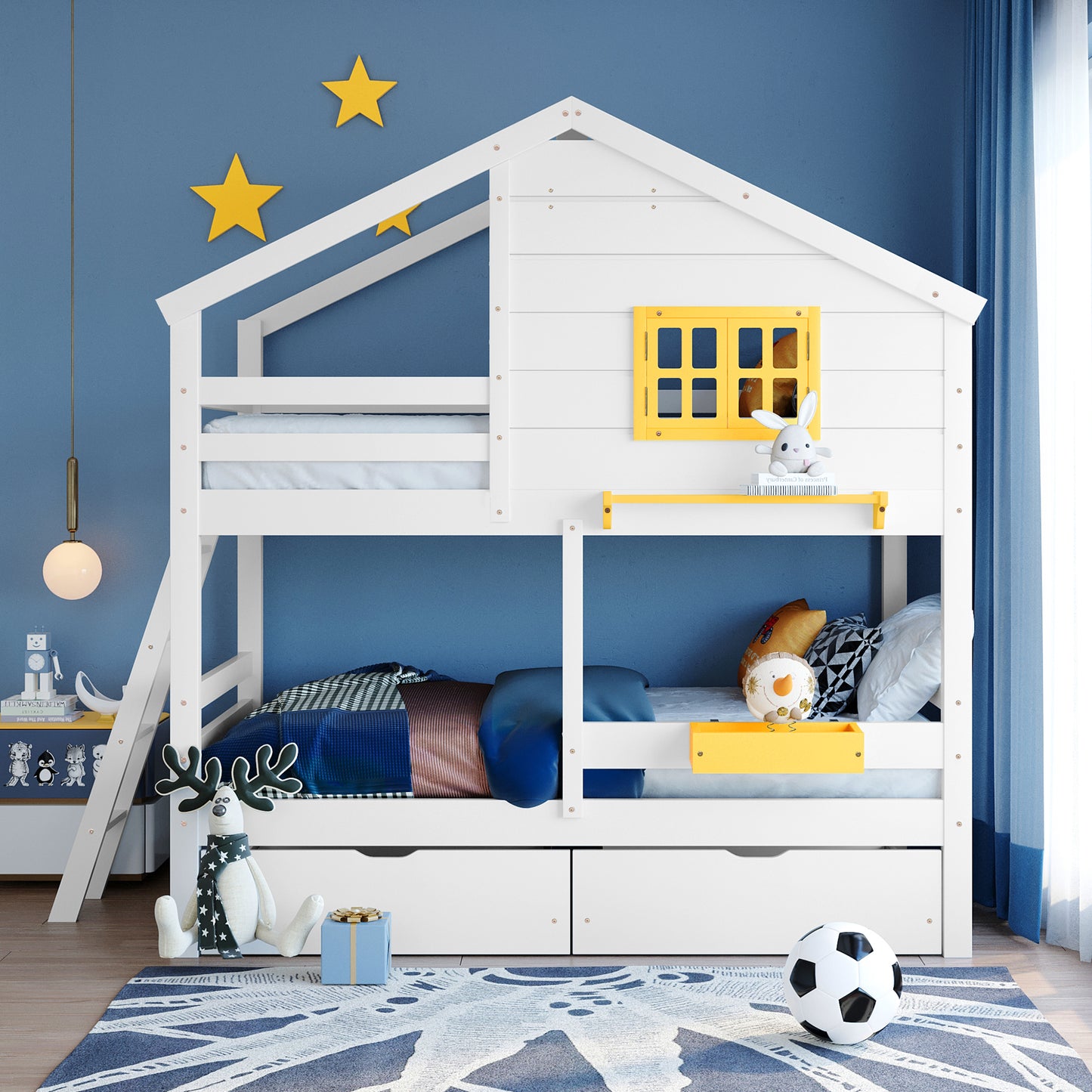 White Playhouse-Inspired Twin Bunk Bed with Storage and Roof