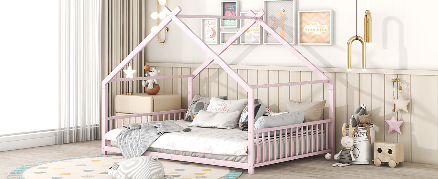 Full Size Metal House Bed, Pink