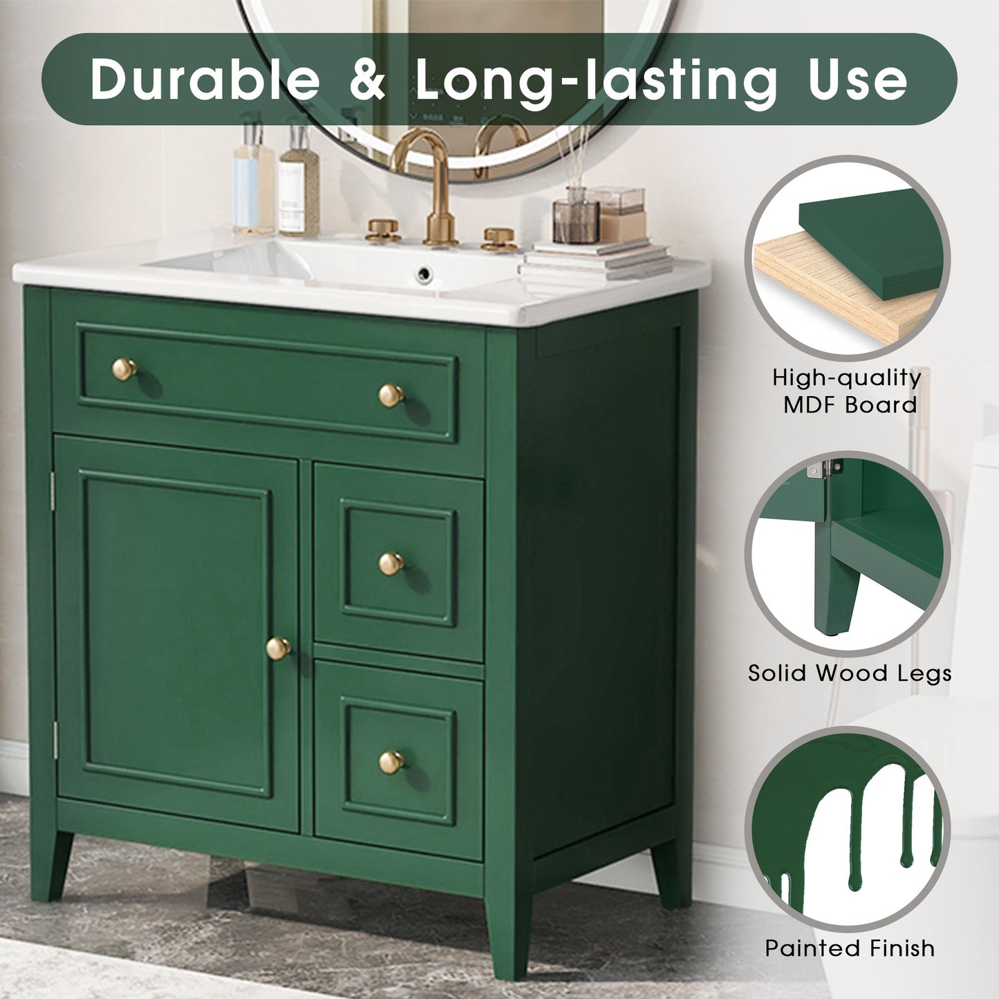 30" Bathroom Vanity with Sink Top, Bathroom Vanity Cabinet with Door and Two Drawers, Solid Wood Frame, One Package, Green