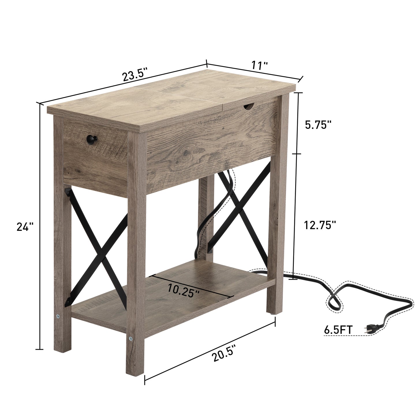 Set of 2 Farmhouse Flip Top End Table with Charge Station, X-Shaped Profile Narrow Side Table with Drawer for Office, Bedroom, Living Room, Gray