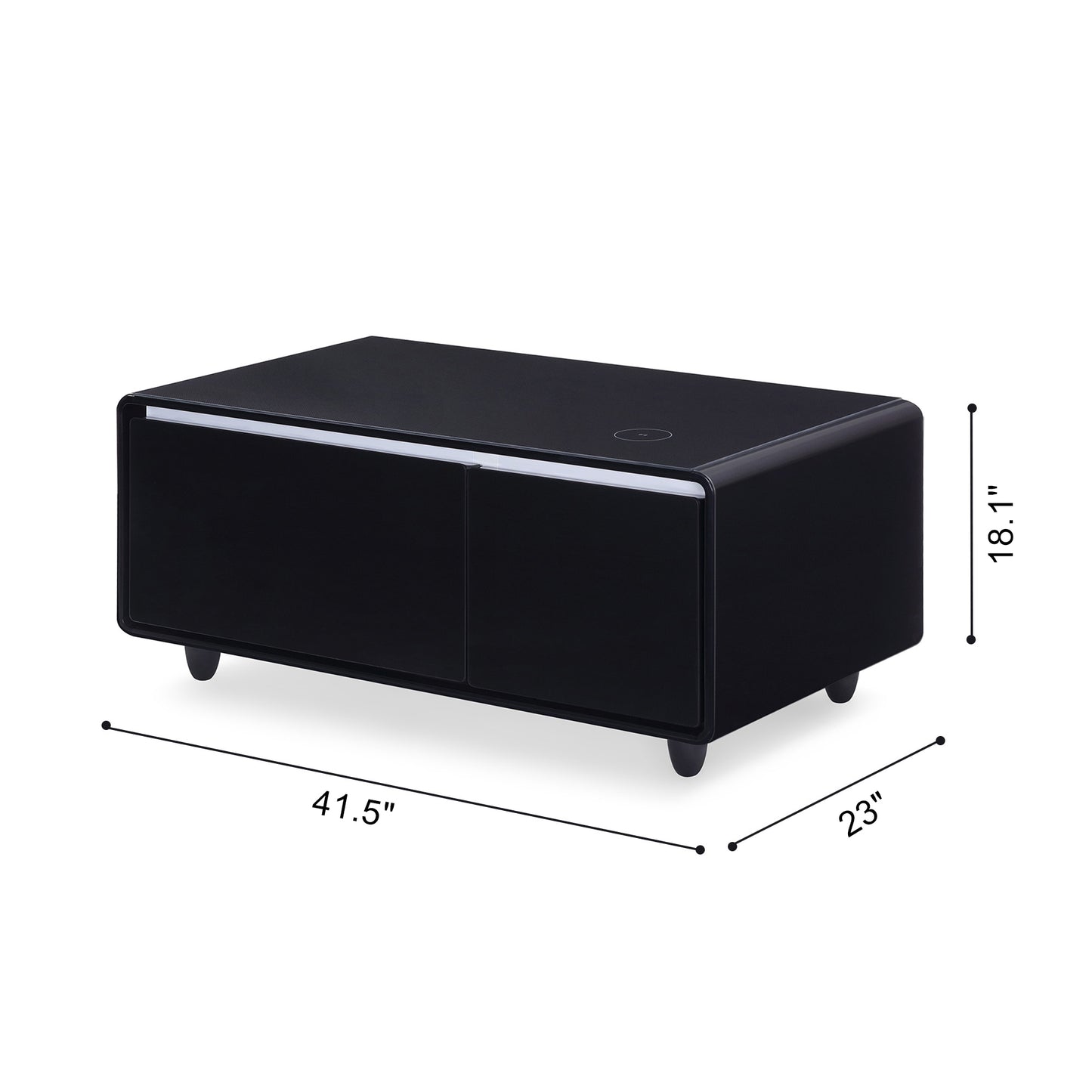 Black Smart Coffee Table with Refrigerated Storage, Wireless Charging, and Power Outlets