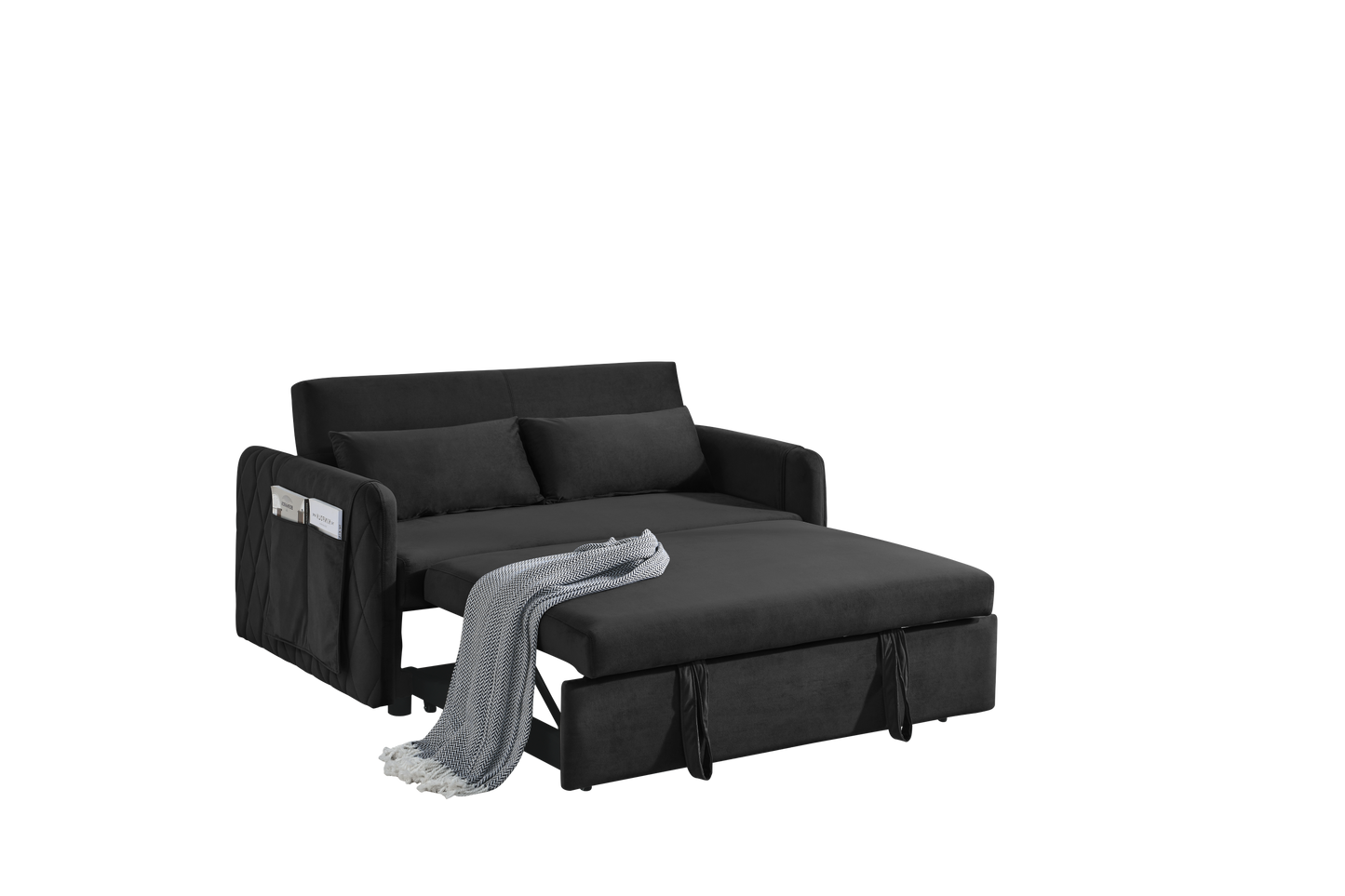 55 Modern Velvet Convertible Sofa Bed with Adjustable Backrest and Detachable Arm Pockets