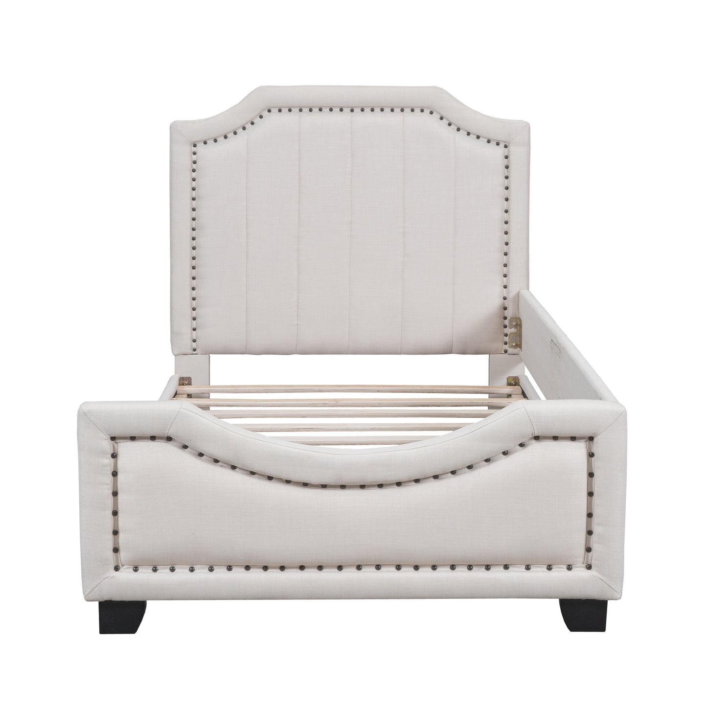 Twin Size Upholstered Platform Bed with Nailhead Trim Decoration and Guardrail, Beige