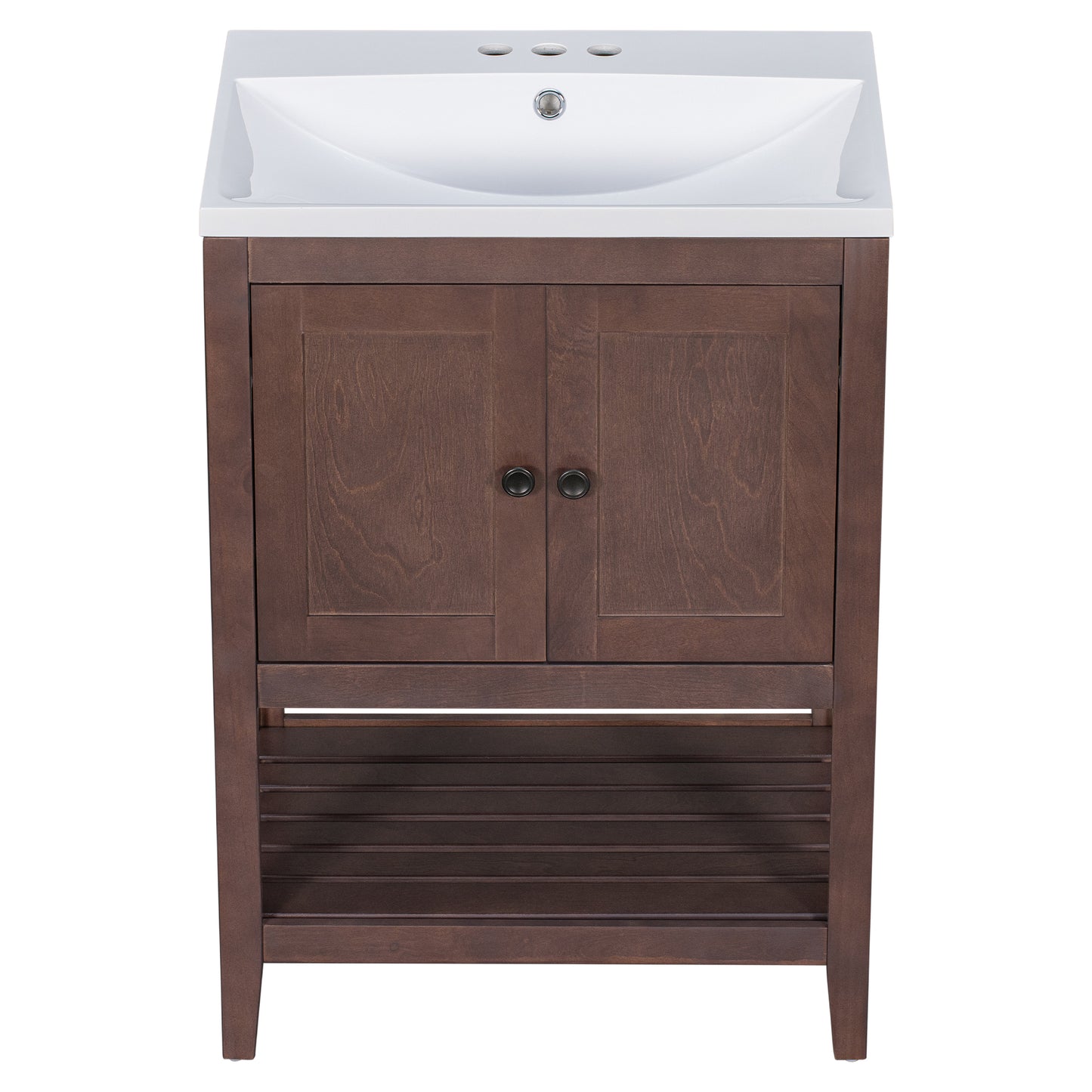 24" Brown Modern Sleek Bathroom Vanity Elegant Ceramic Sink with Solid Wood Frame Open Style Shelf