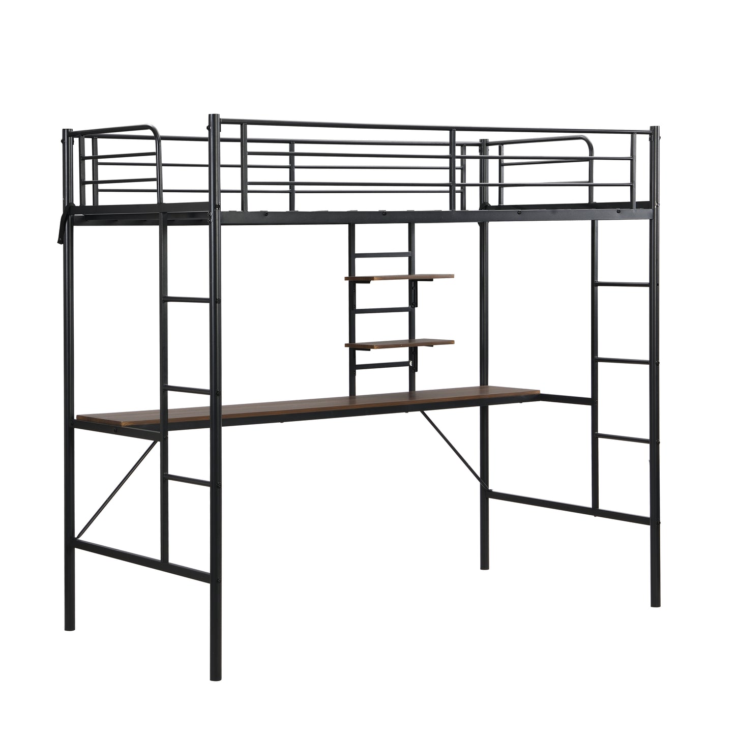 Metal twin loft bed with desk and storage shelves