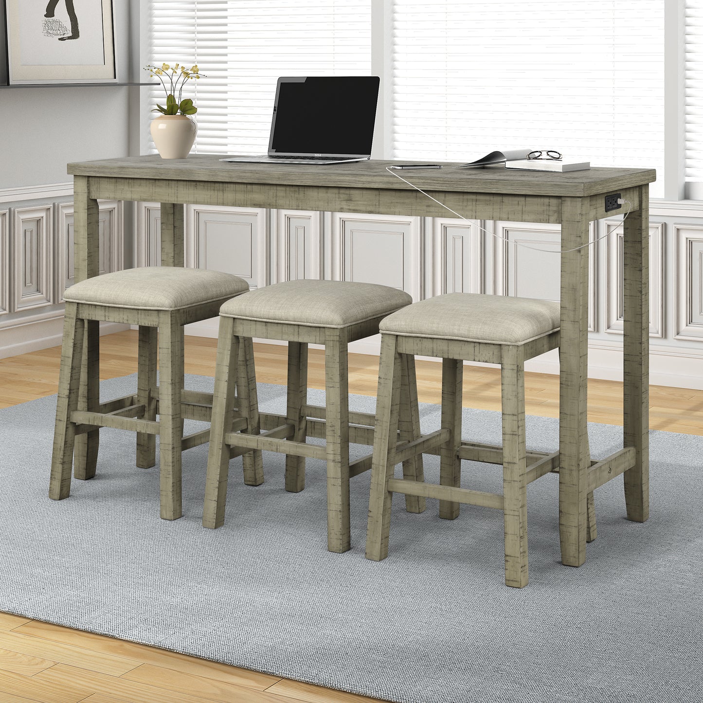 4 Pieces Counter Height Table with Fabric Padded Stools,Rustic Bar Dining Set with Socket,Gray Green