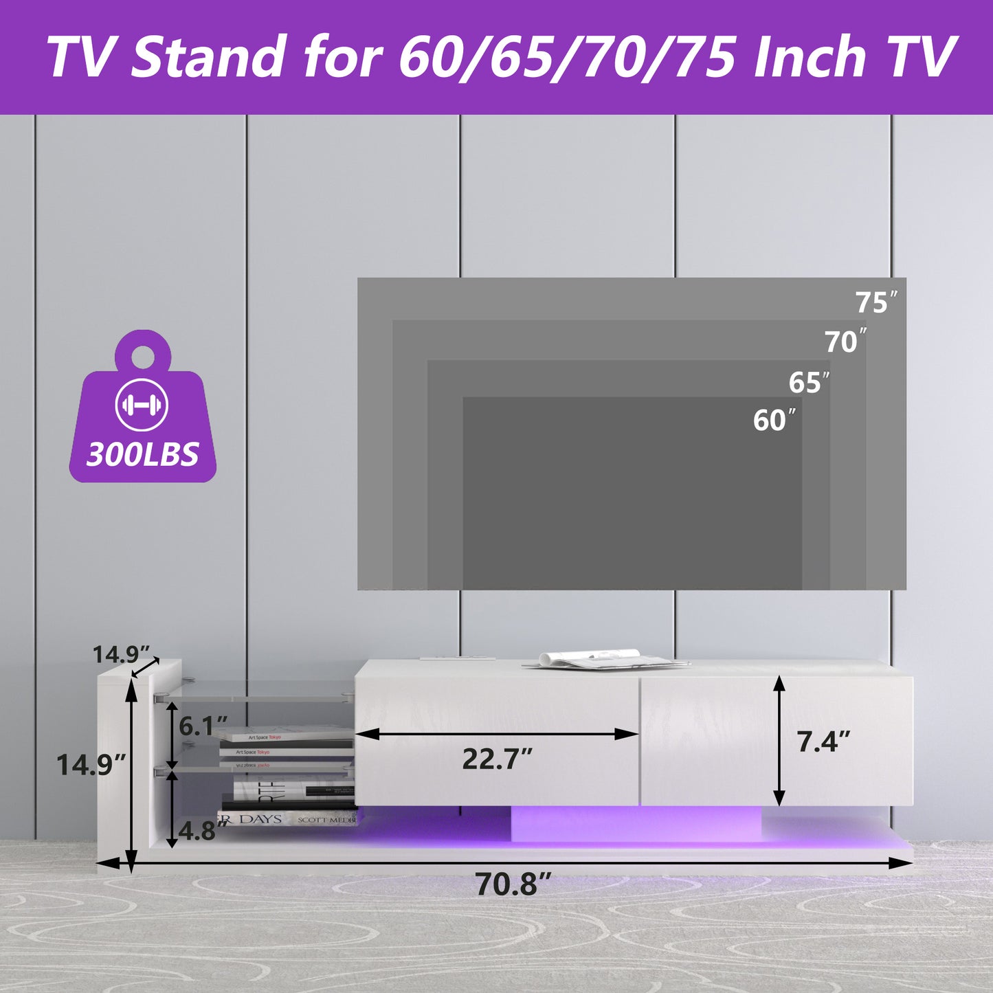 Ivory TV Stand with Color-Changing LED Lights and Ample Storage for 75-inch TVs