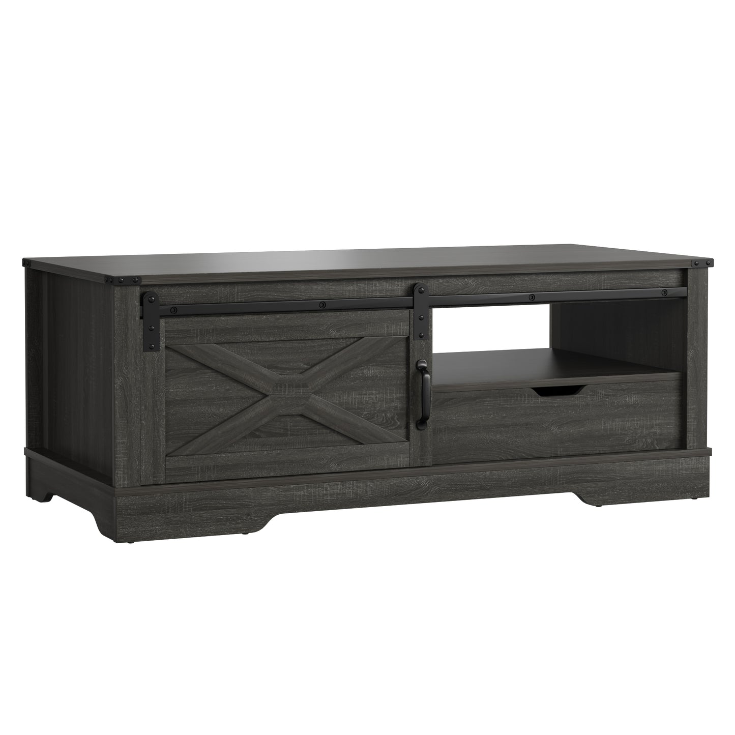 Rectangular Dark Gray Farmhouse Style Coffee Table with Sliding Barn Door Storage