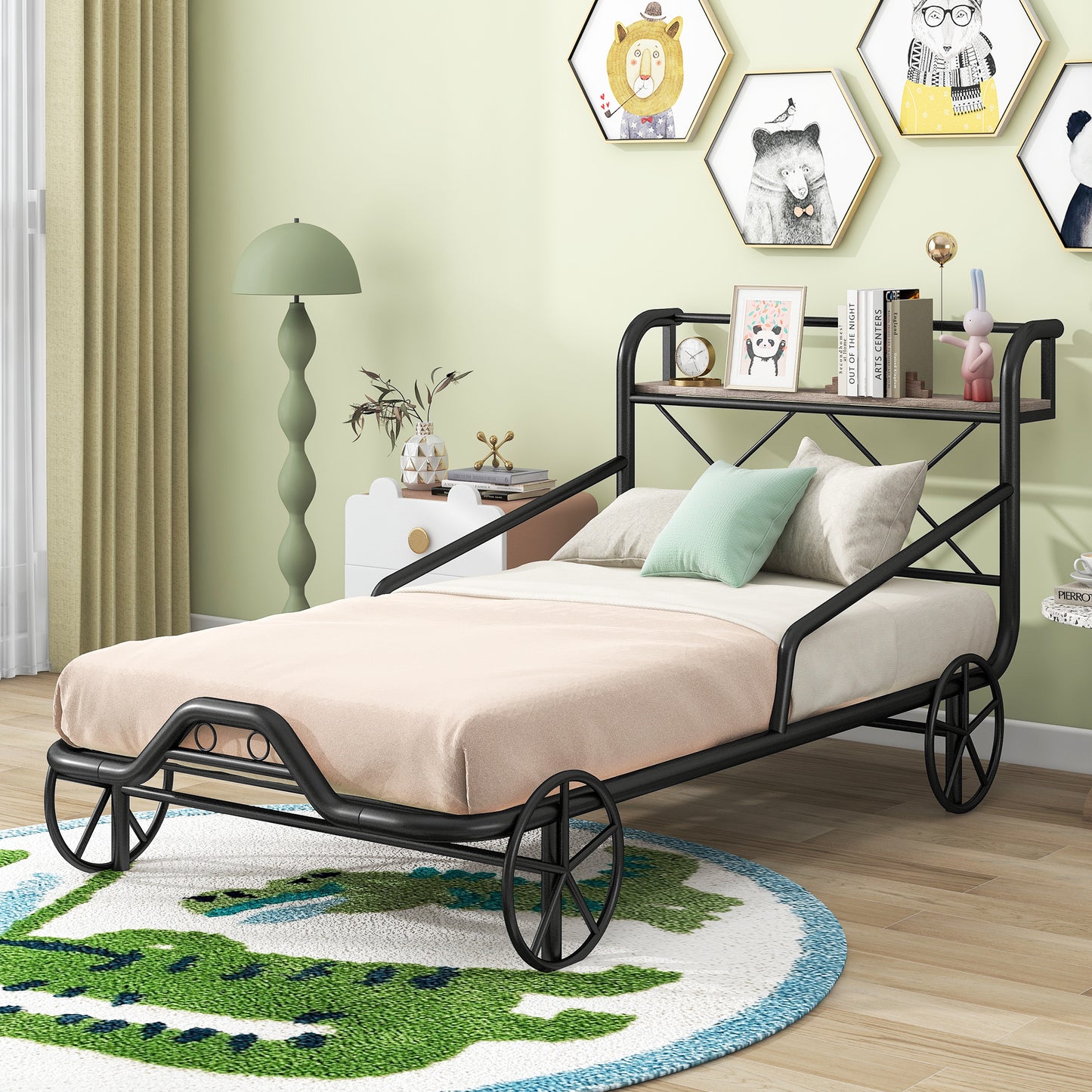 Twin Size Metal Car Bed with Four Wheels, Guardrails and  X-Shaped Frame Shelf, Black(: MF297599AAB)