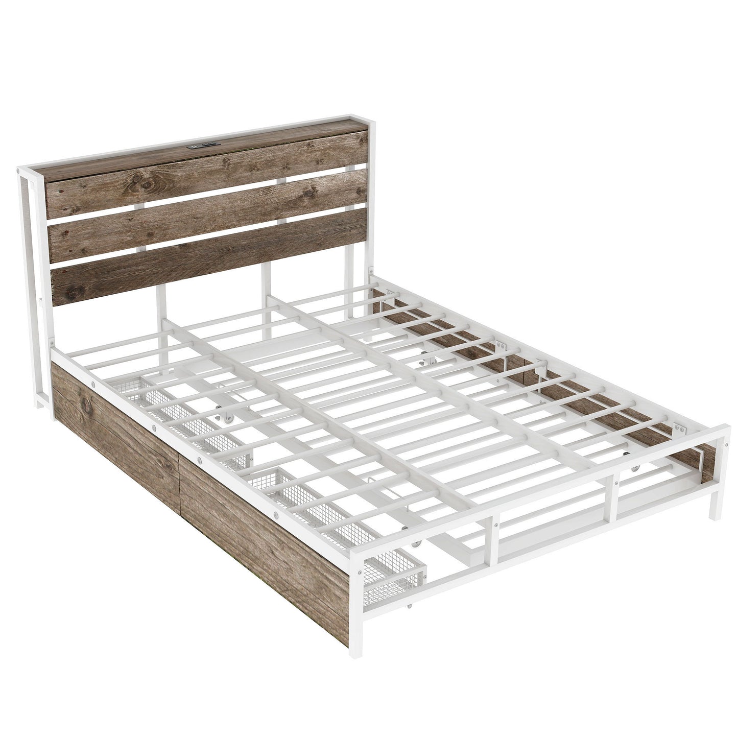 Metal Platform Bed With Drawers and trundle, Sockets and USB Ports, Queen, White