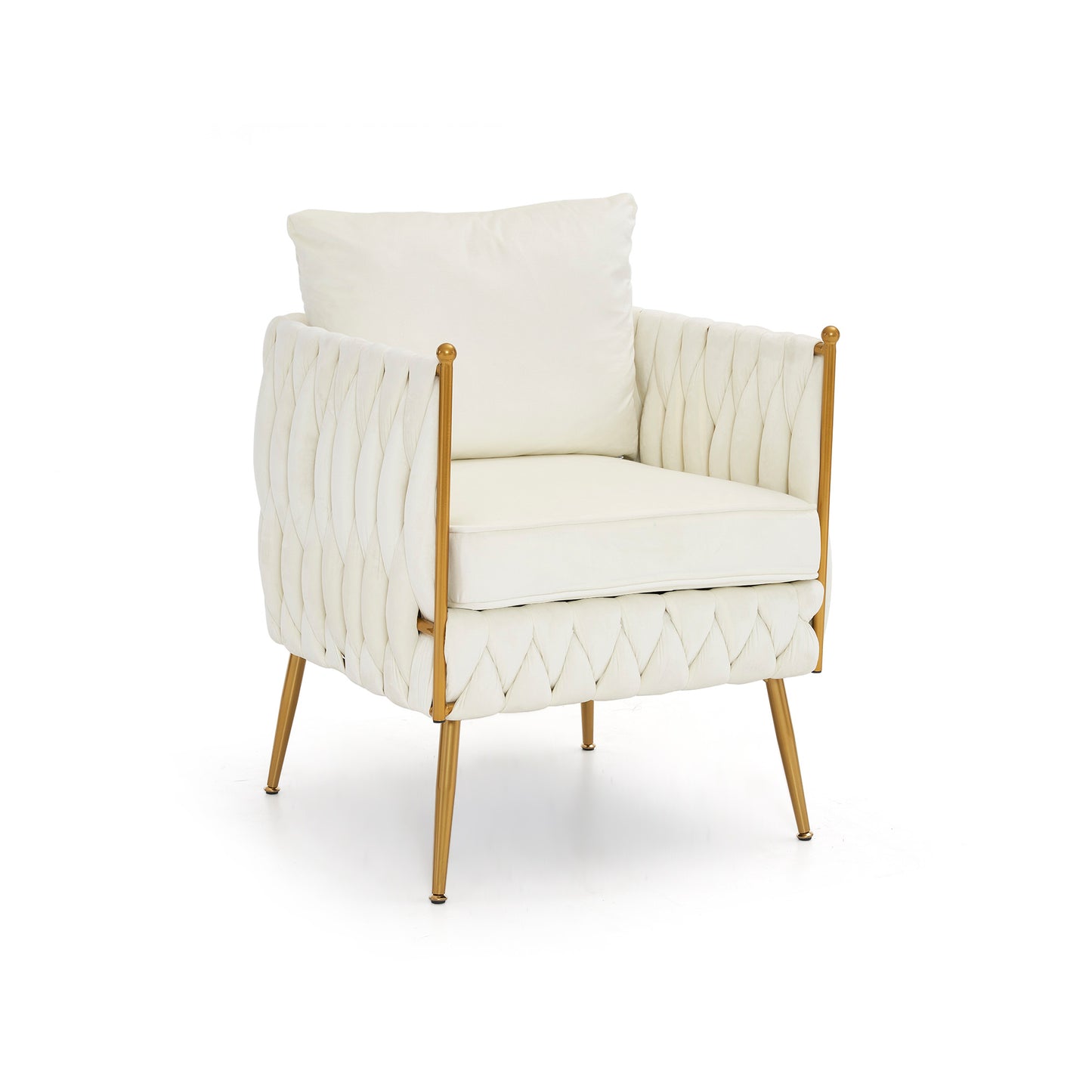 Modern Comfy Handmade Bucket Woven Velvet Accent Chair Arm Chair, Fluffy Tufted Upholstered Single Sofa Chair for Living Room, Bedroom, Office, Waiting Room, Cream White Velvet