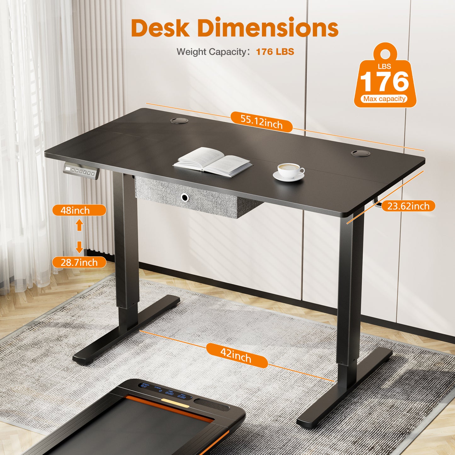 Versatile Ergonomic Electric Standing Desk with Spacious Drawer - Adjustable 55 x 24 Inches Black