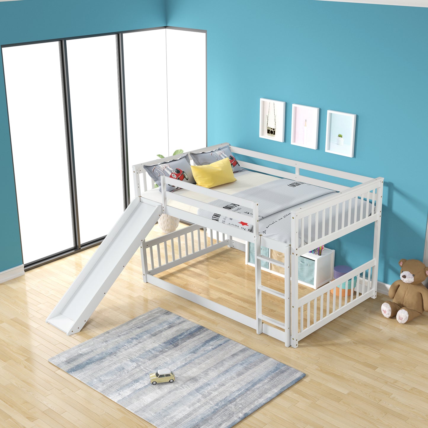 Full over Full White Bunk Bed with Slide and Ladder